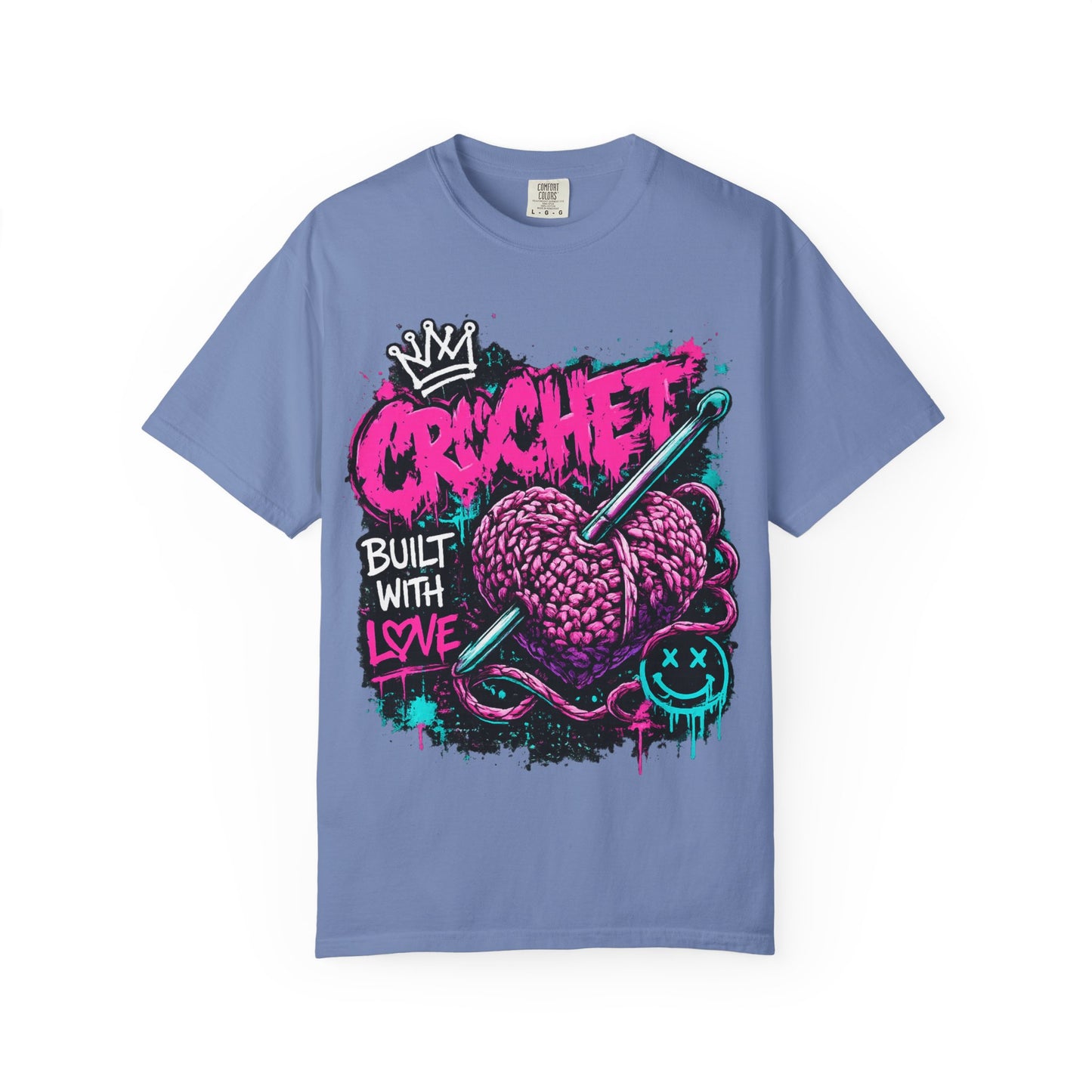Crochet Built With Love T-Shirt — Retro Graffiti Heart Crochet Tee