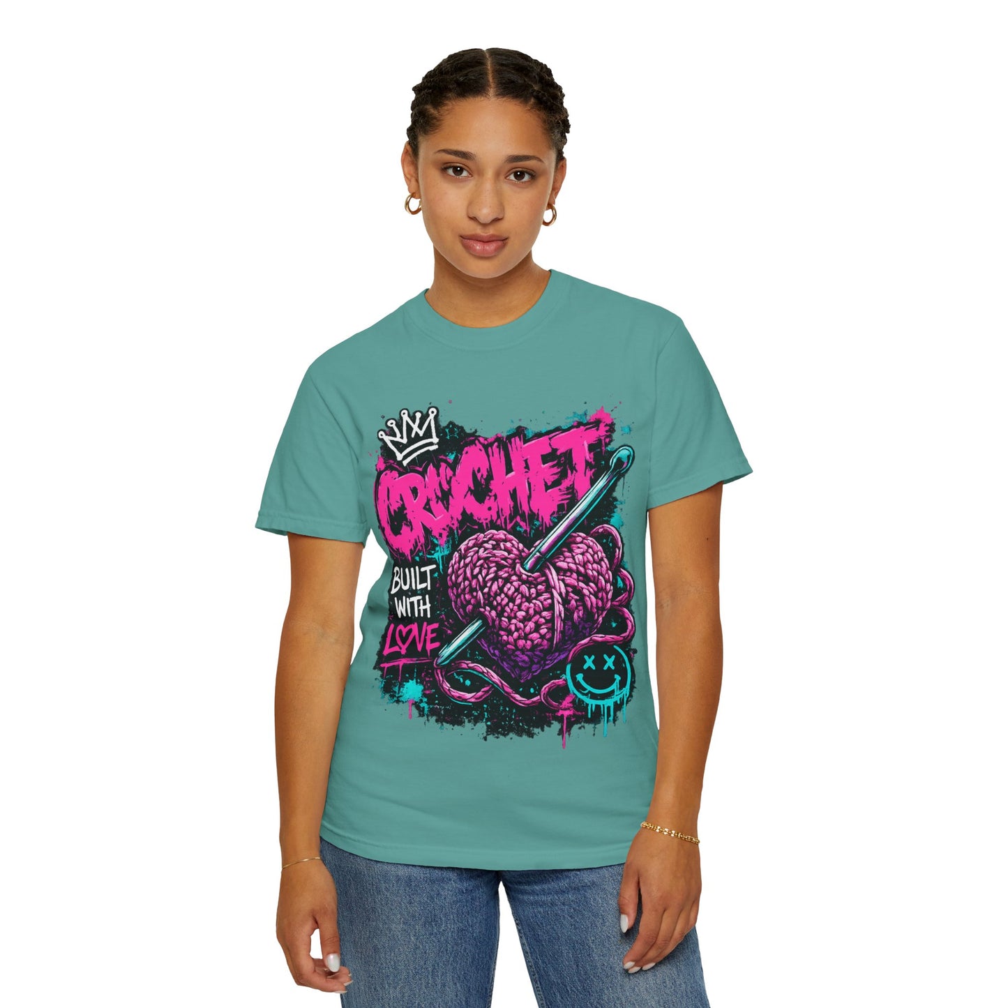 Crochet Built With Love T-Shirt — Retro Graffiti Heart Crochet Tee