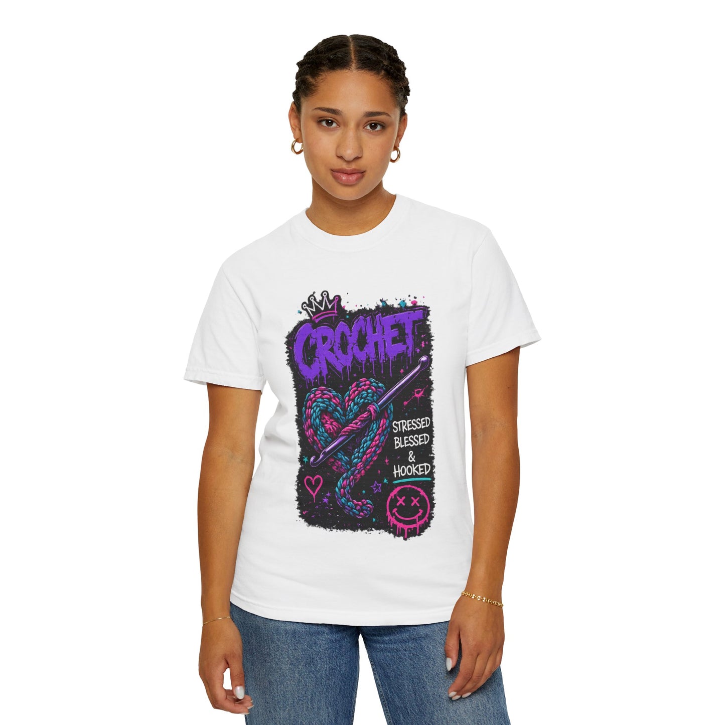 Crochet Graphic T-Shirt — "Stressed Blessed & Hooked" Retro Heart Design