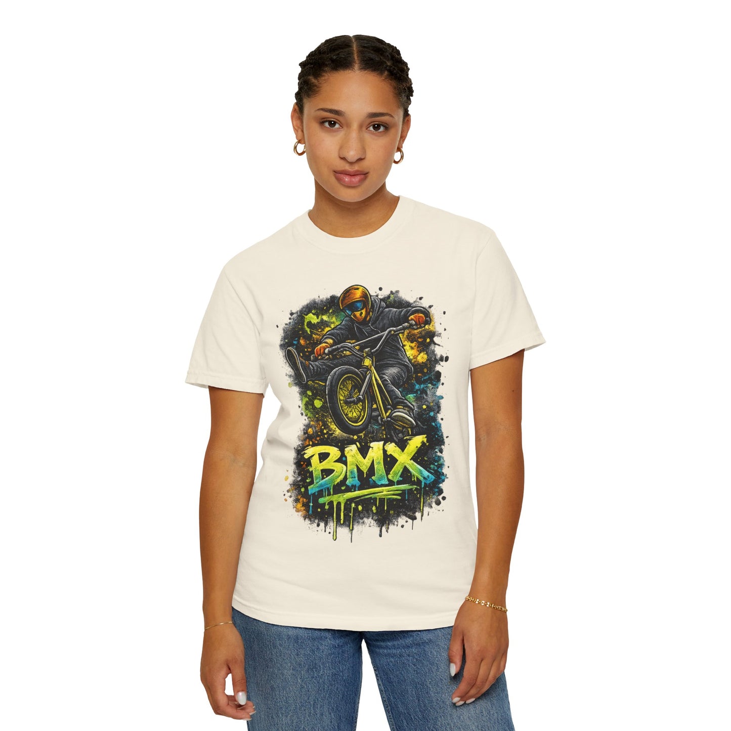 BMX Rider Graphic T-Shirt — Neon Stunt Bike Tee