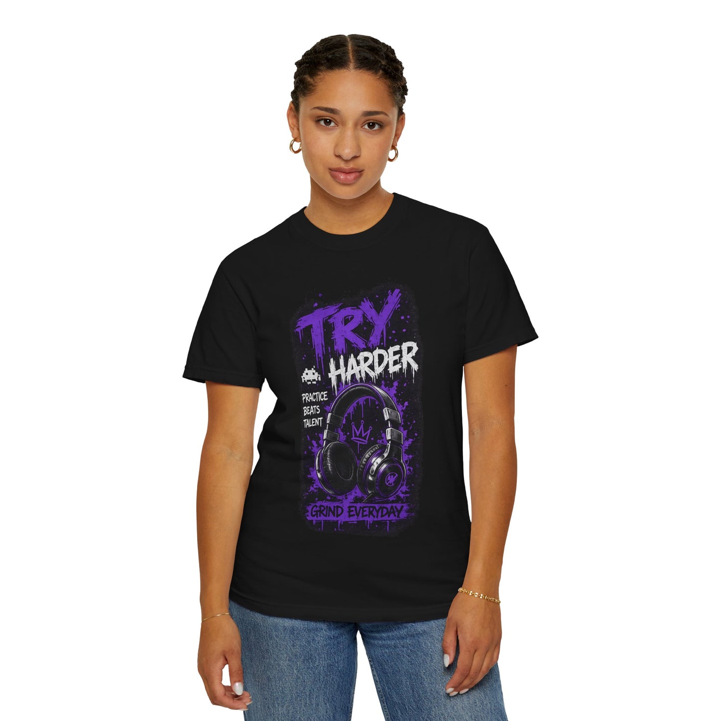 Try Harder Graphic T-Shirt — 'Try Harder' Headphones Motivational Tee