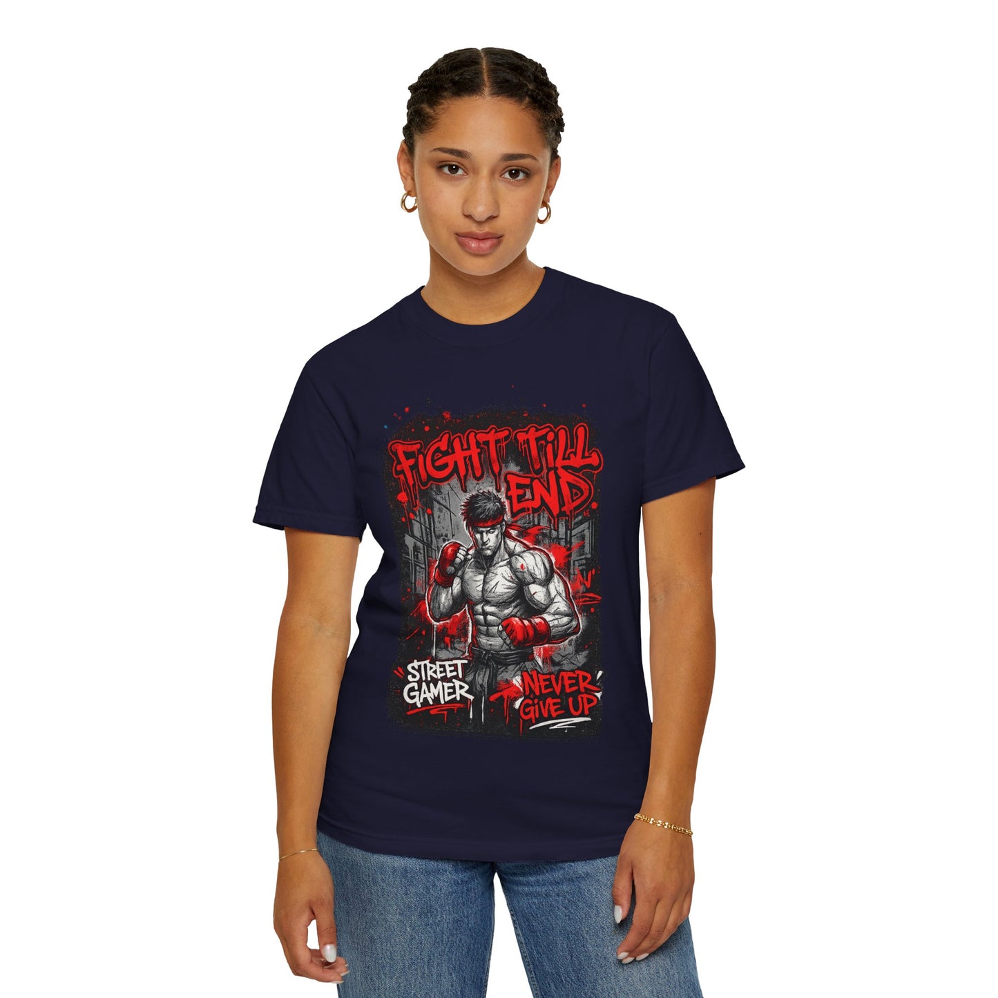 Fight Till End Gamer T-Shirt — 'Street Gamer, Never Give Up' Motivational Tee