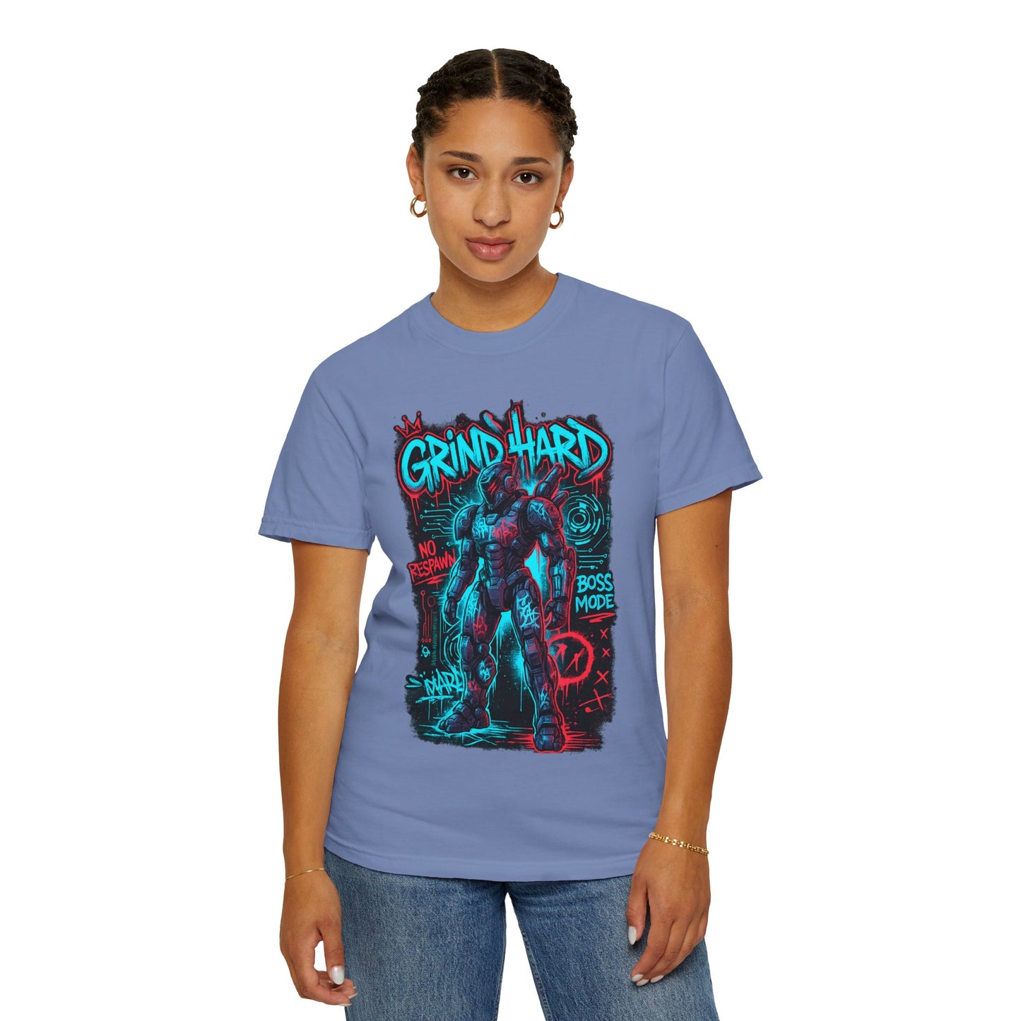 Grind Hard Gamer Warrior T-shirt | Neon Retro Gym Graphic