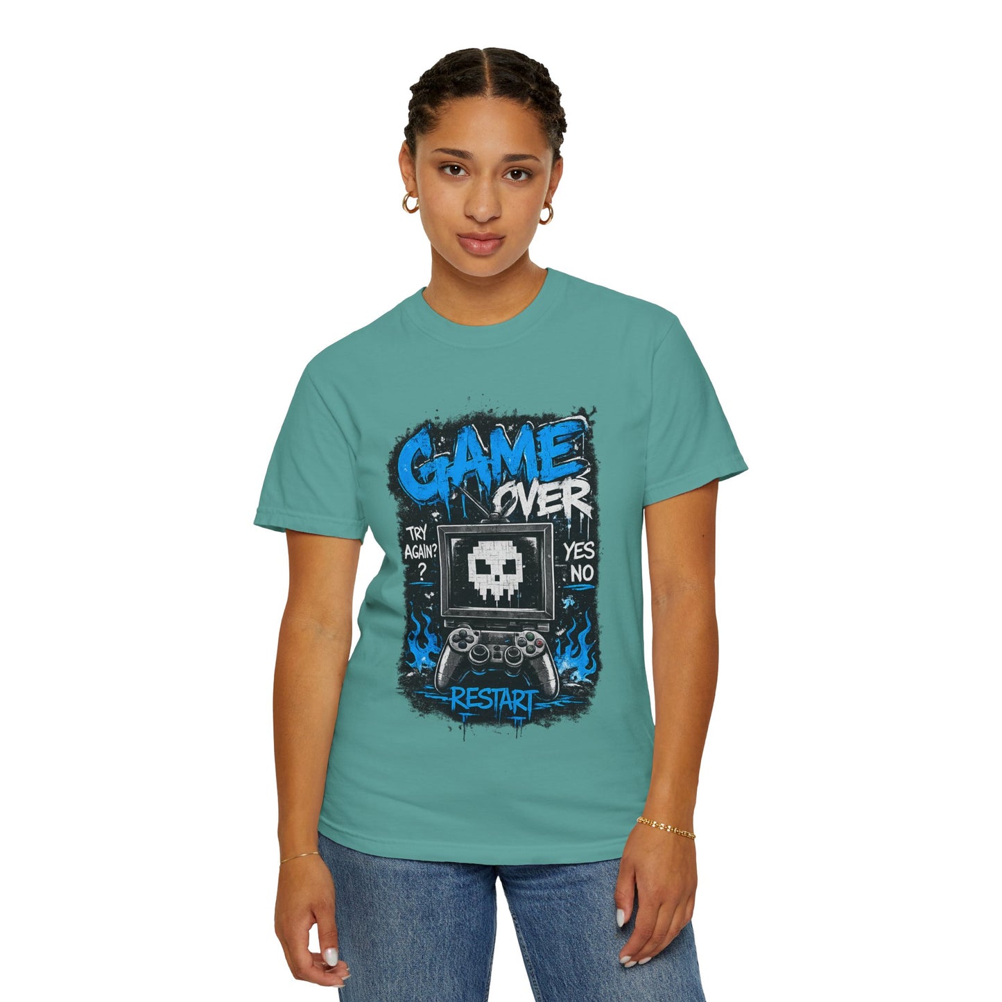Game Over Skull Console controller T-Shirt | Restart pixel gaming tee