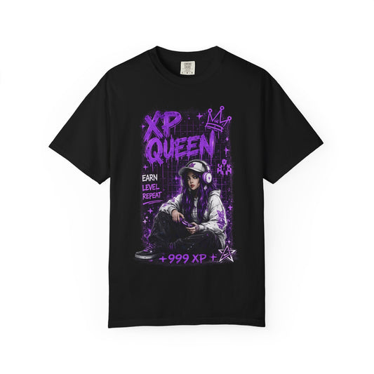 XP Queen T‑Shirt — Gamer Girl Graphic Tee (Earn Level Repeat +999 XP)