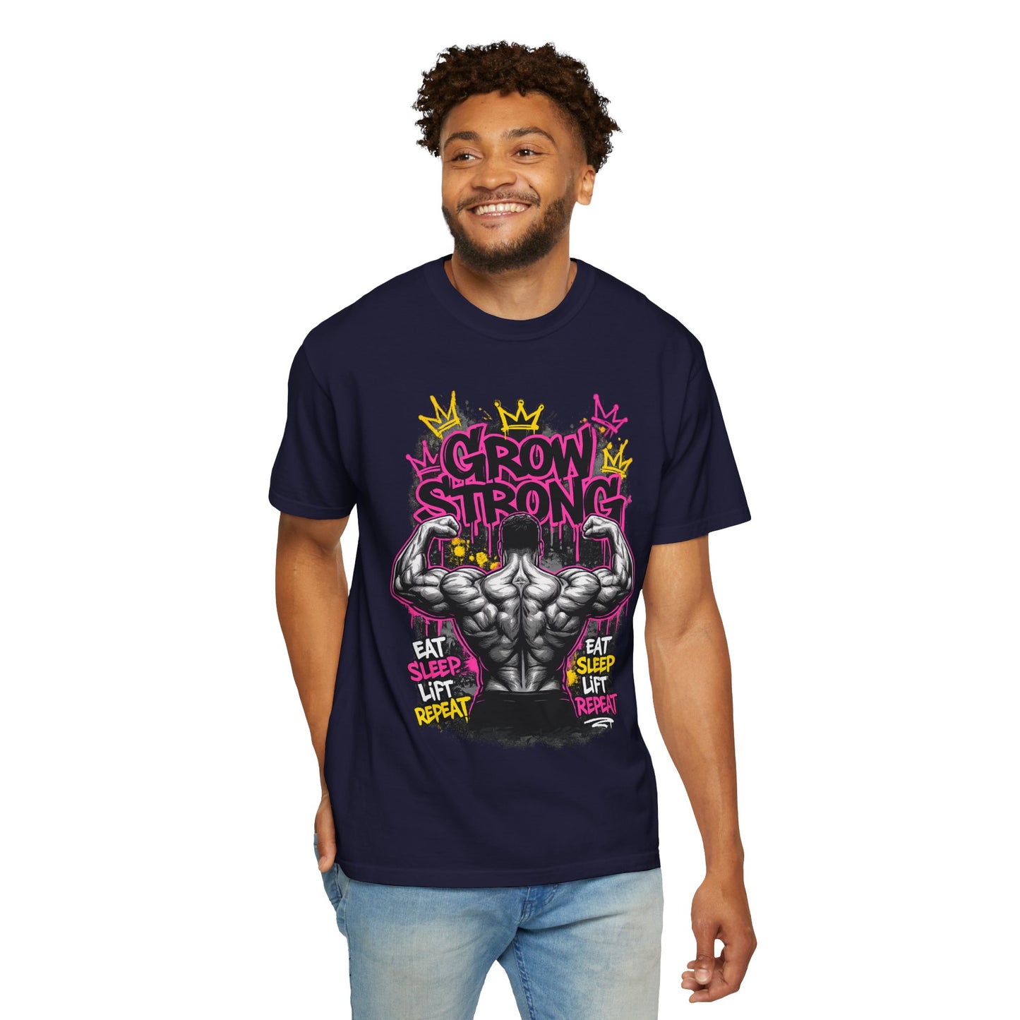 Grow Strong muscular back illustration T-shirt | Eat Sleep Lift Repeat gym tee