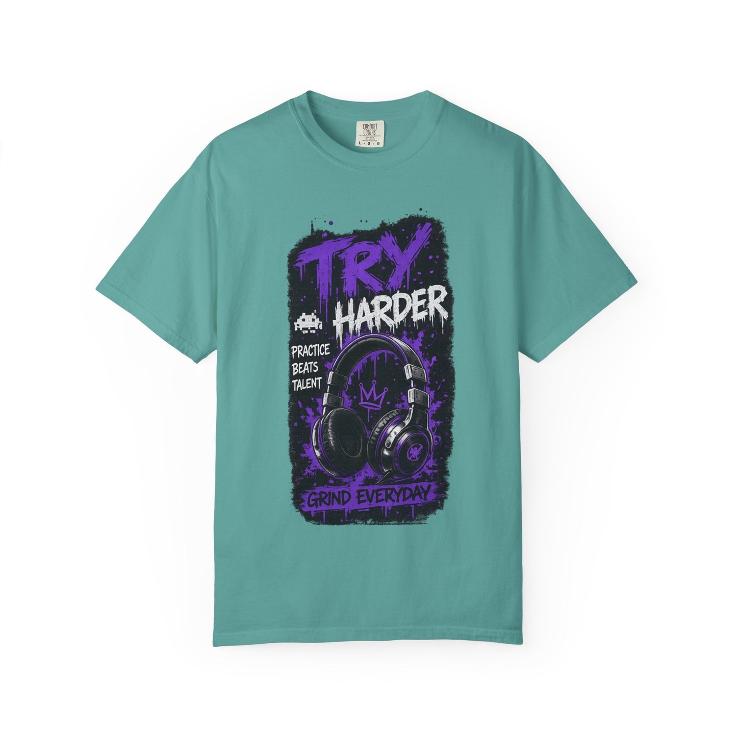 Try Harder Graphic T-Shirt — 'Try Harder' Headphones Motivational Tee