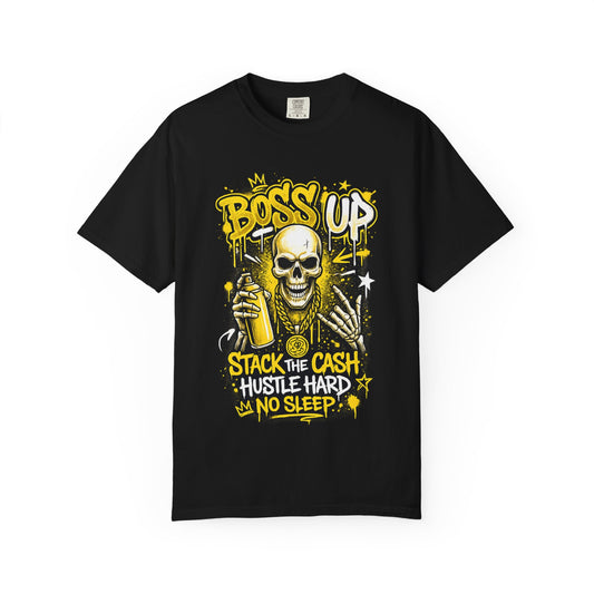 Boss Up Skull Hustle T-Shirt — "Stack the Cash, Hustle Hard, No Sleep" Graphic Tee