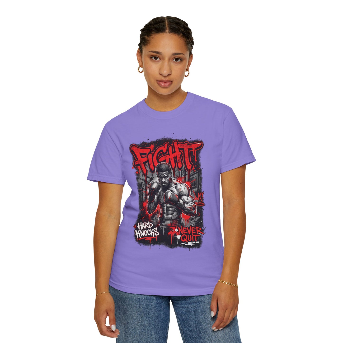 Fight Graphic T-Shirt — "Hard Knocks, Never Quit" Motivational Boxing Tee