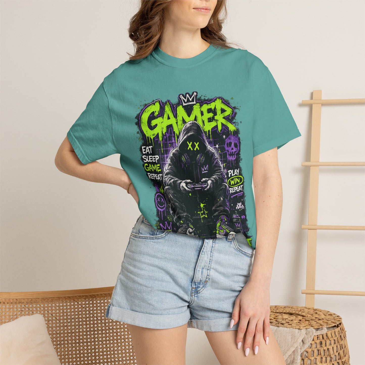 Gamer Hooded Figure Graphic T-Shirt | Neon Green Purple Streetwear