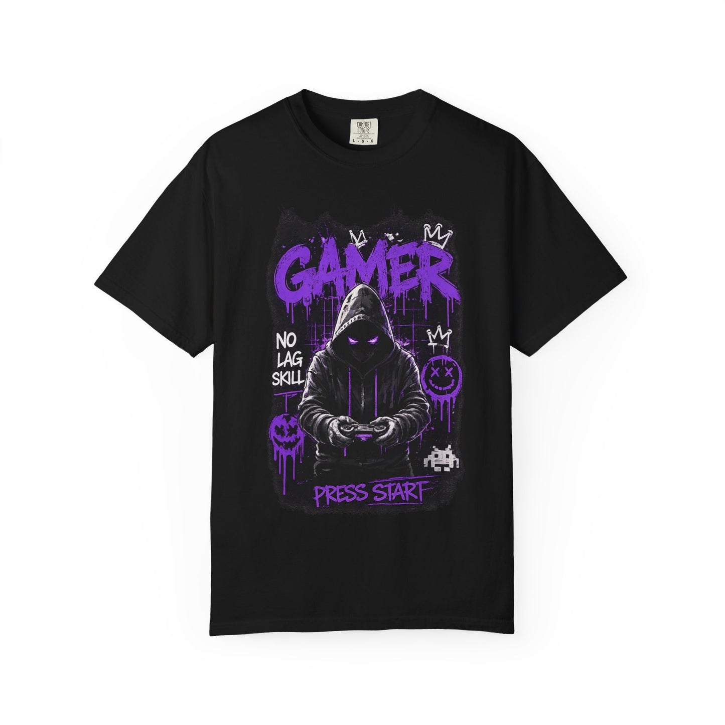 Gamer Hoodie Skull T‑Shirt — 'GAMER' Purple Graphic Press Start Tee
