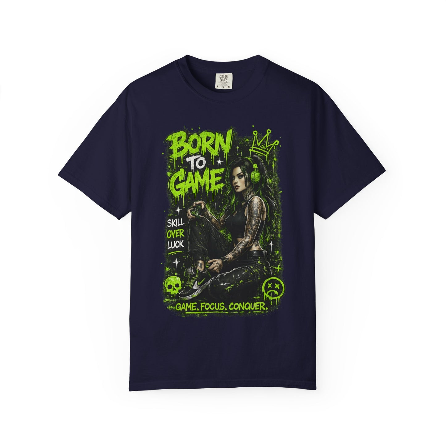 Born to Game Graphic T-Shirt — Gamer Skull & Neon Green Design