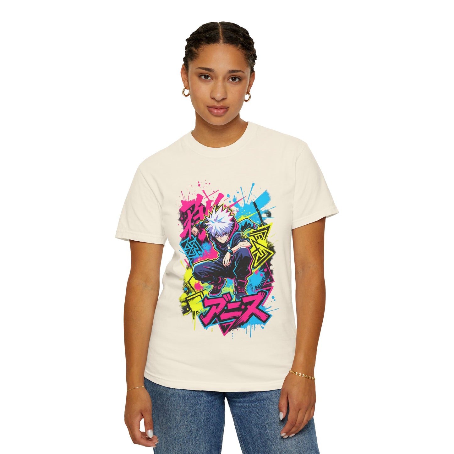Anime Graphic T-Shirt — Vibrant Neon Jujutsu Kaisen Style Design