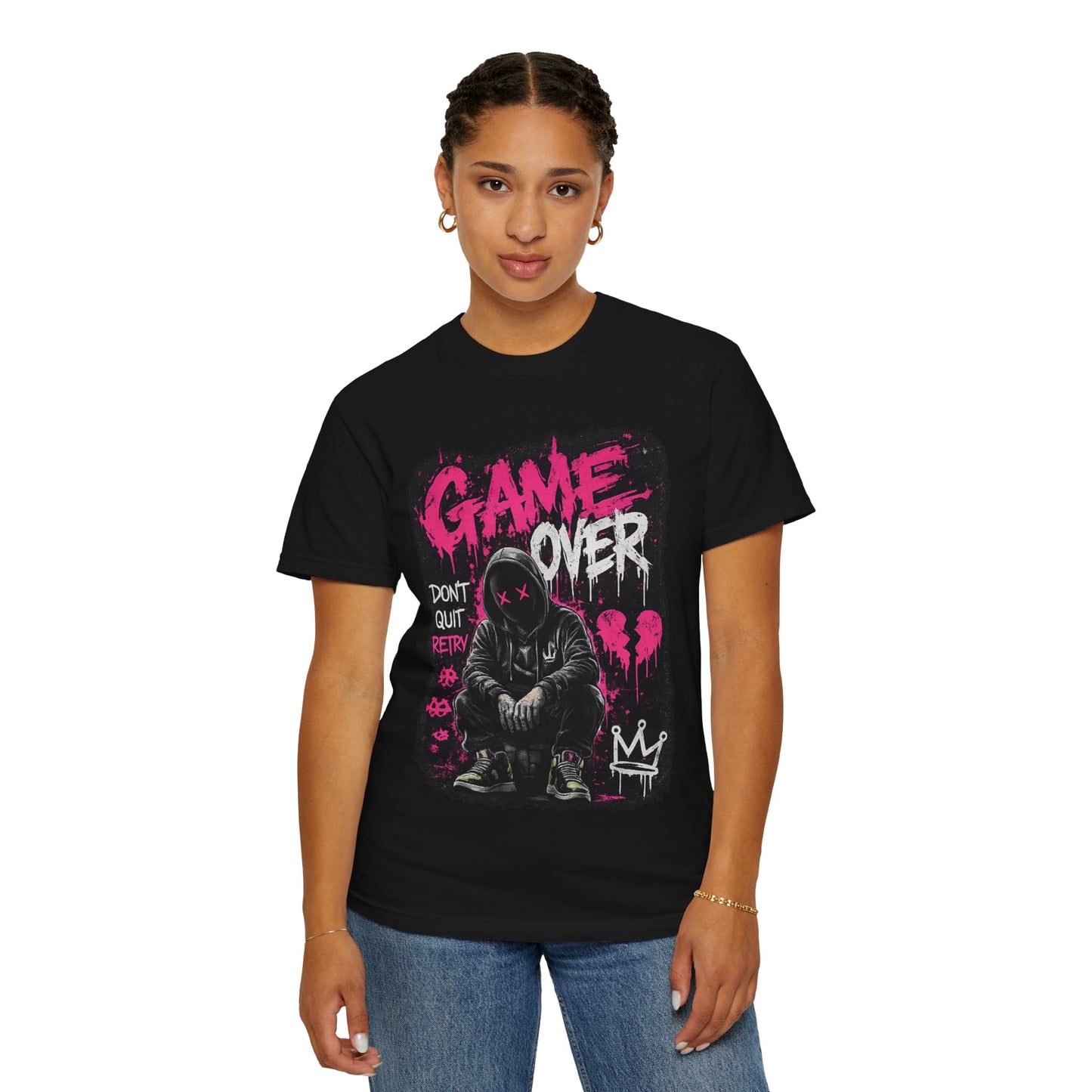 Game Over Graphic T-Shirt — Urban Streetwear Tee with Hooded Figure & 'Don't Quit, Retry' Design