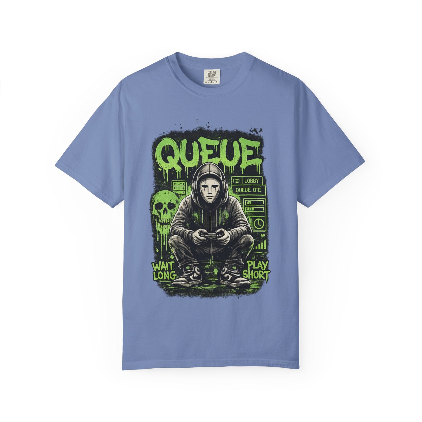 Queue Gamer Hoodie T-Shirt | Waiting Player Graphic Tee, Neon Green Skull Art
