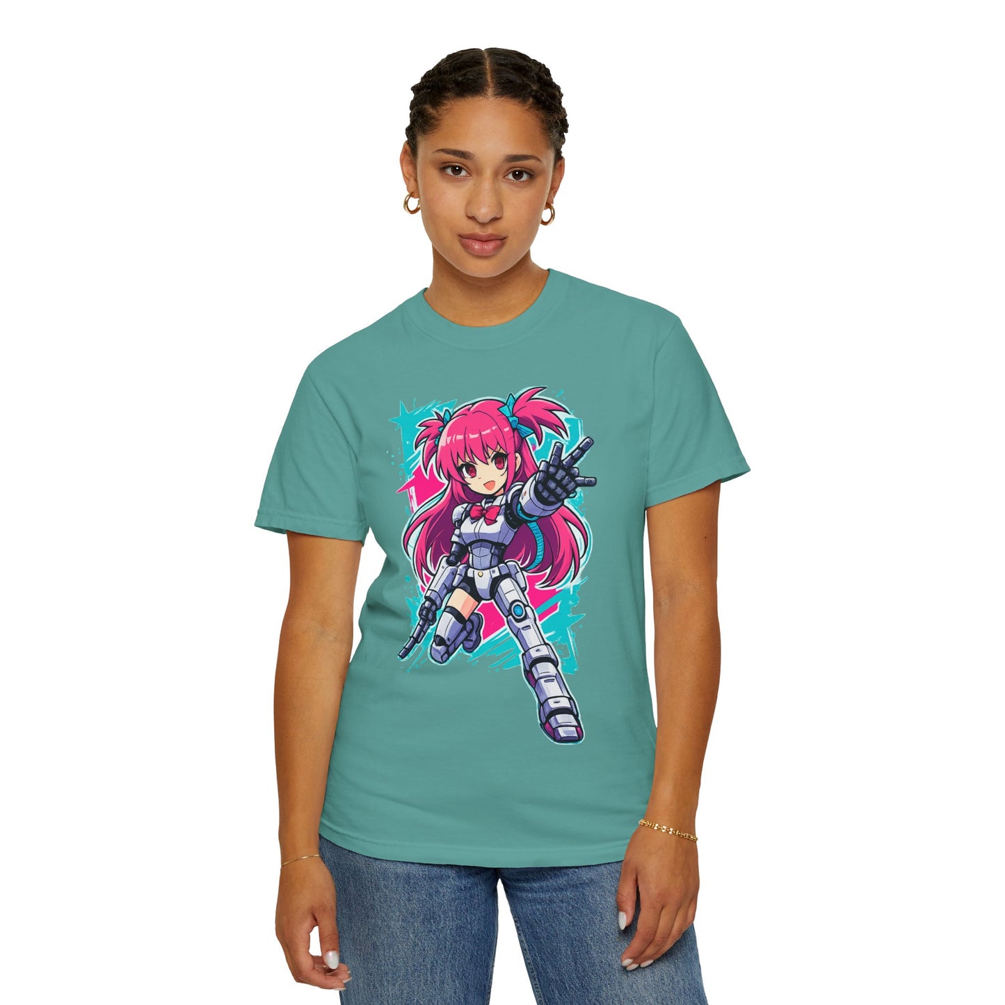 Anime Mecha Girl T-Shirt — Pink Cyberpunk Warrior Tee