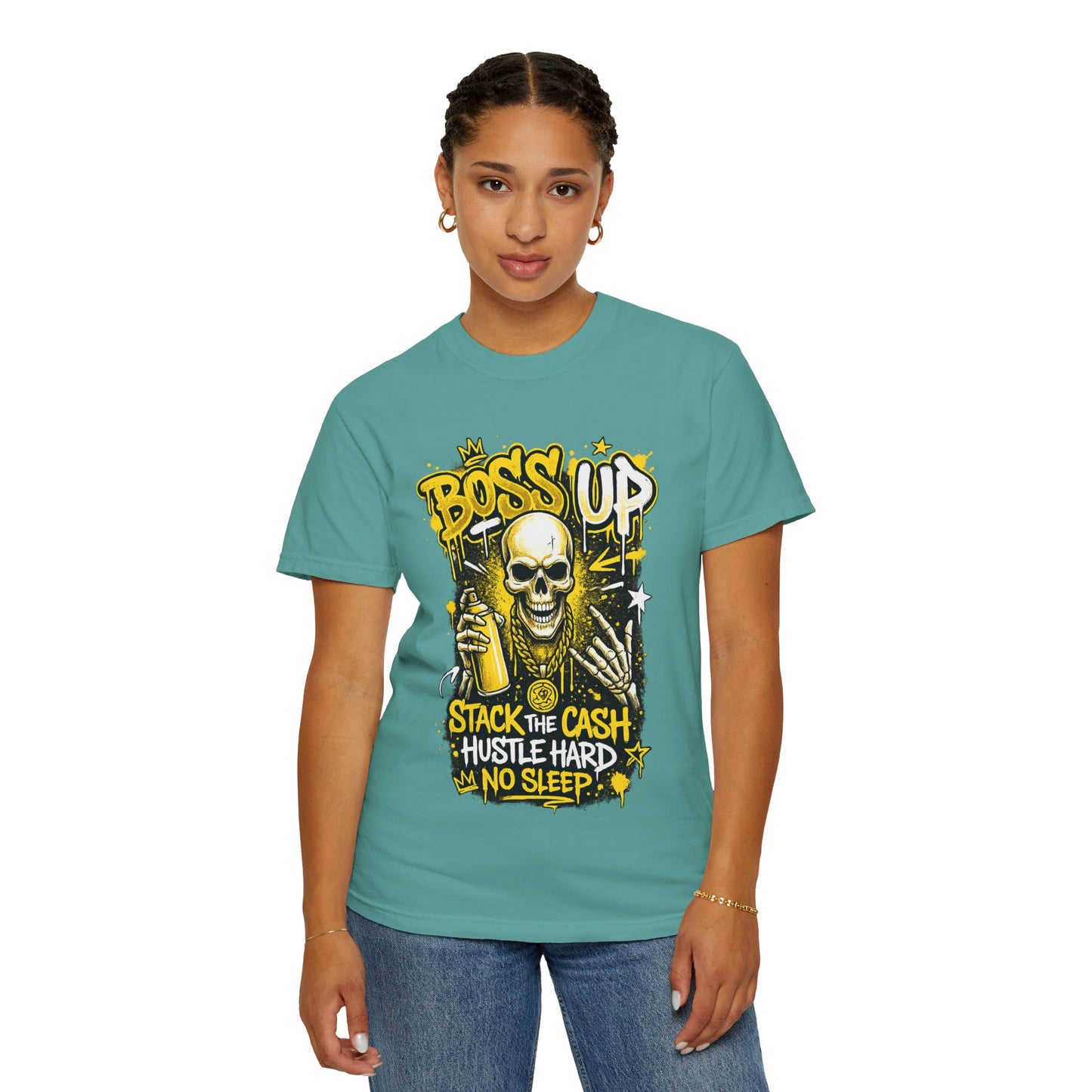 Boss Up Skull Hustle T-Shirt — "Stack the Cash, Hustle Hard, No Sleep" Graphic Tee