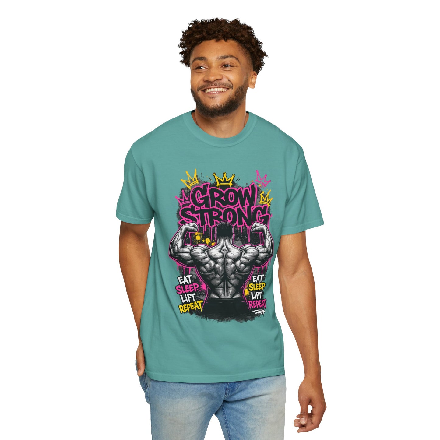 Grow Strong muscular back illustration T-shirt | Eat Sleep Lift Repeat gym tee