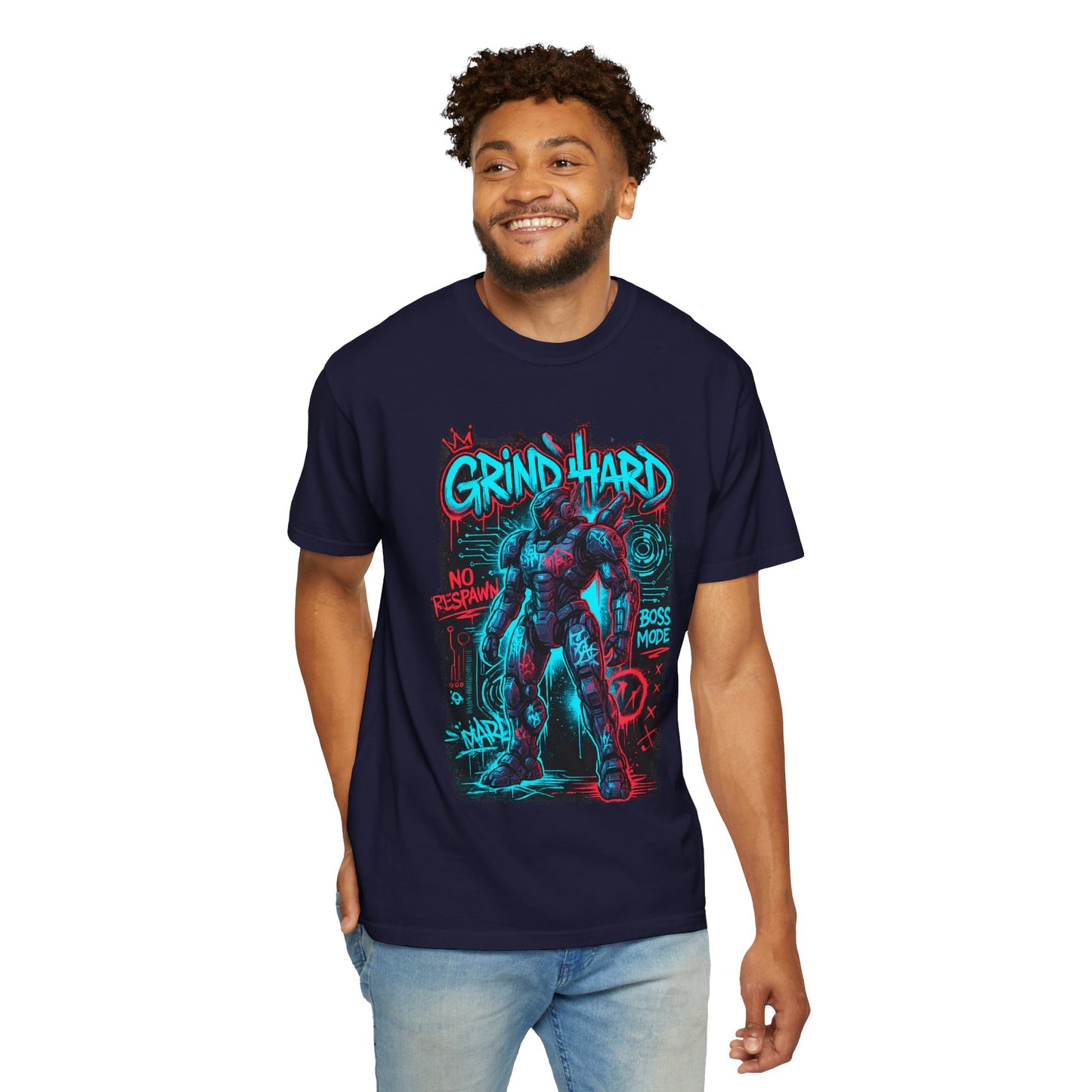 Grind Hard Gamer Warrior T-shirt | Neon Retro Gym Graphic