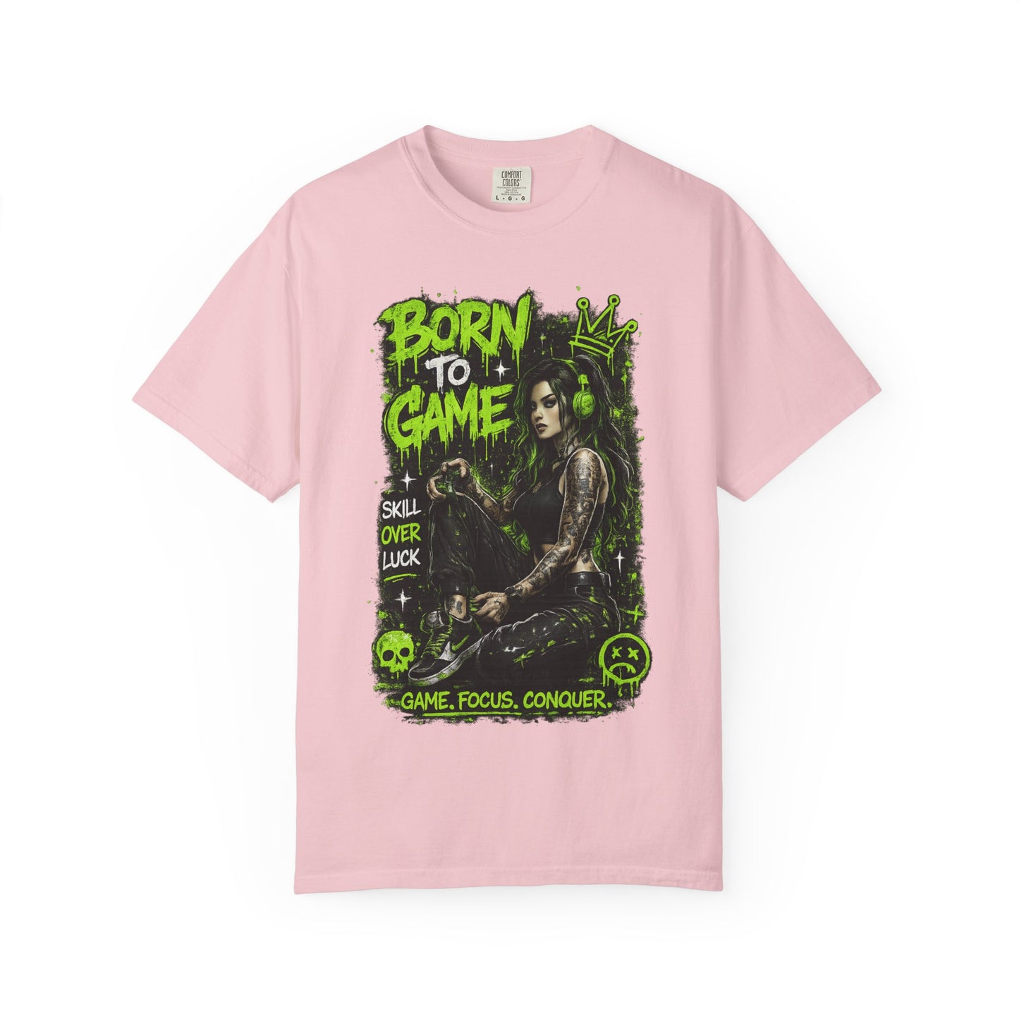 Born to Game Graphic T-Shirt — Gamer Skull & Neon Green Design
