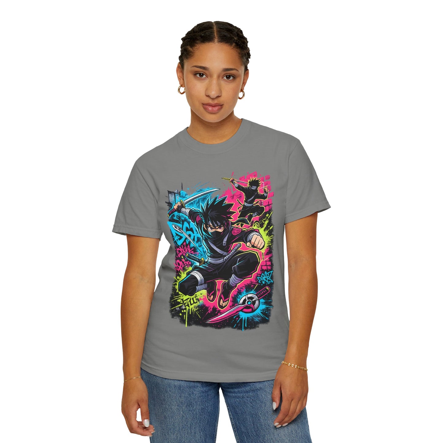 Anime Ninja Street Art T-Shirt — Neon Graffiti Graphic Tee