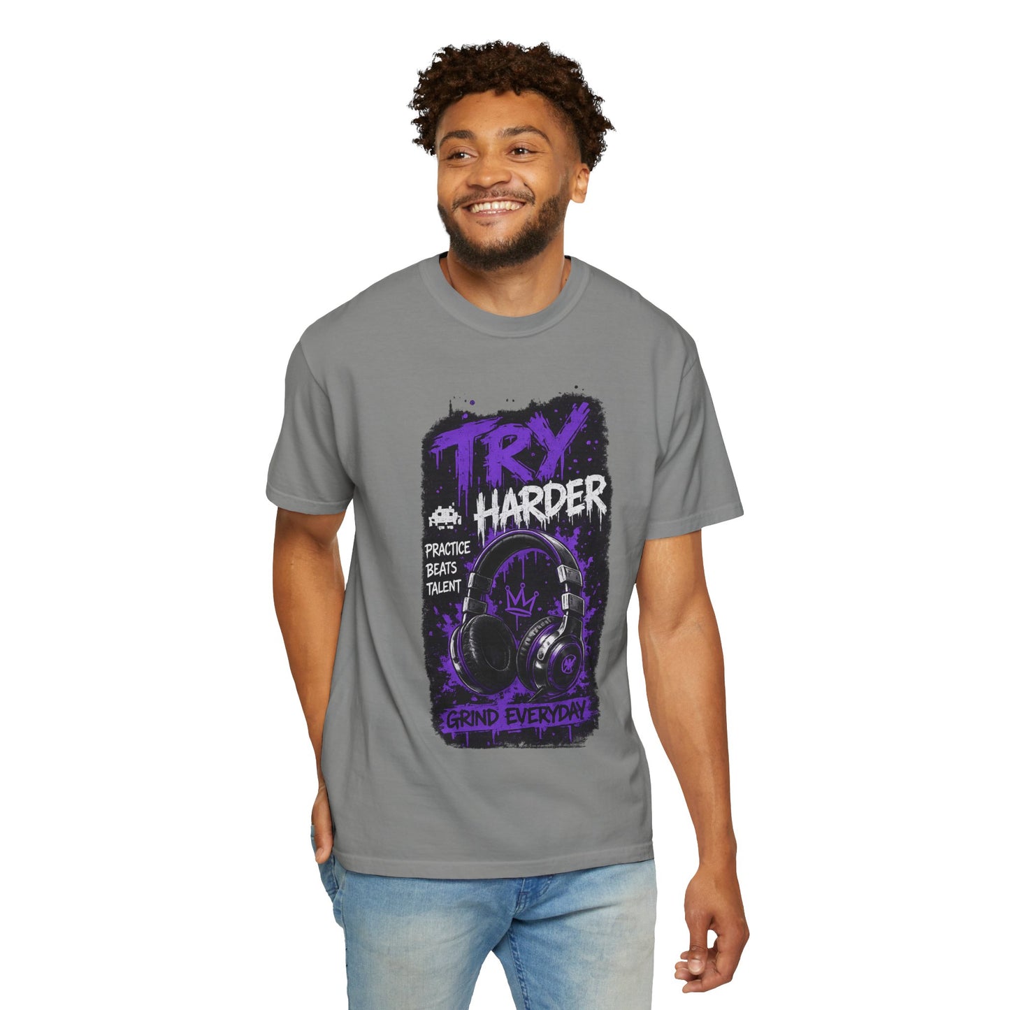 Try Harder Graphic T-Shirt — 'Try Harder' Headphones Motivational Tee