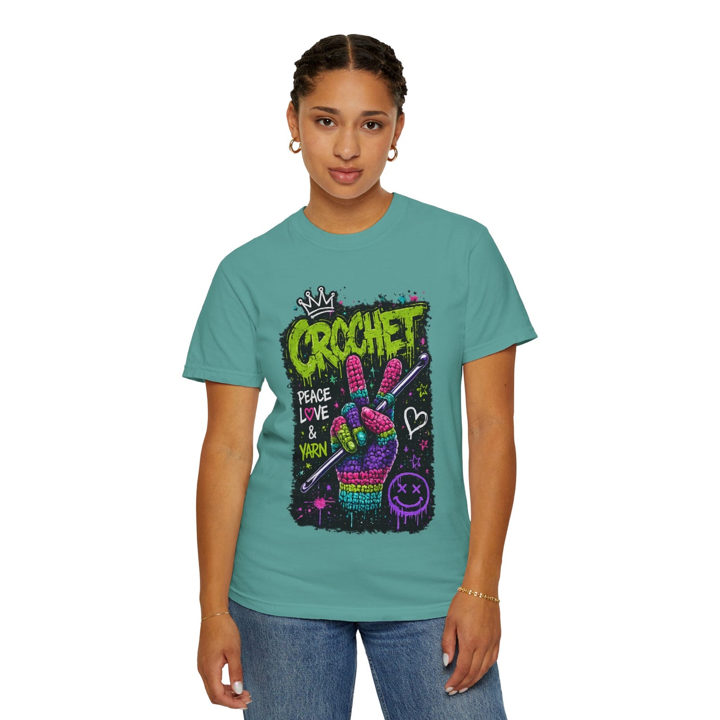 Crochet Peace Sign T-Shirt — "Crochet: Peace, Love & Yarn" Graphic Tee