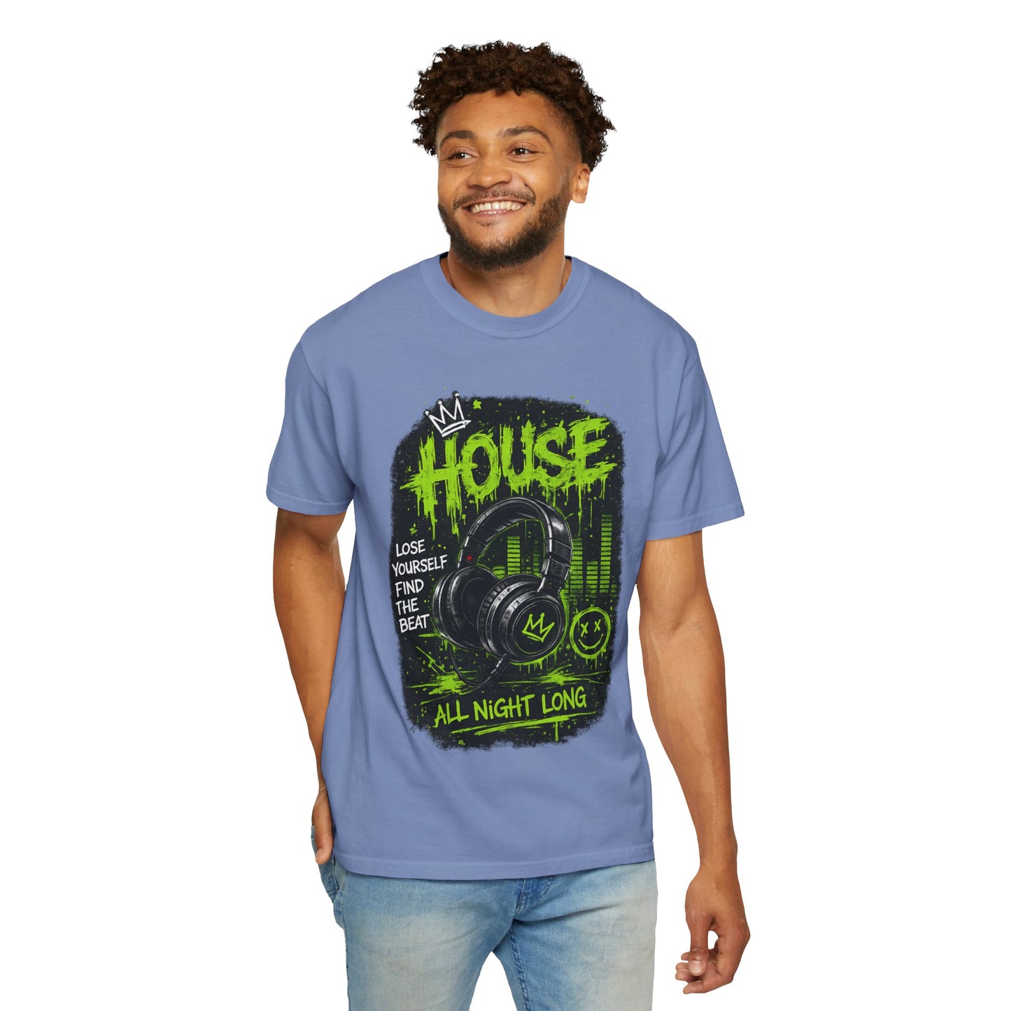 House Music Headphones T-Shirt — "House All Night Long" DJ Tee