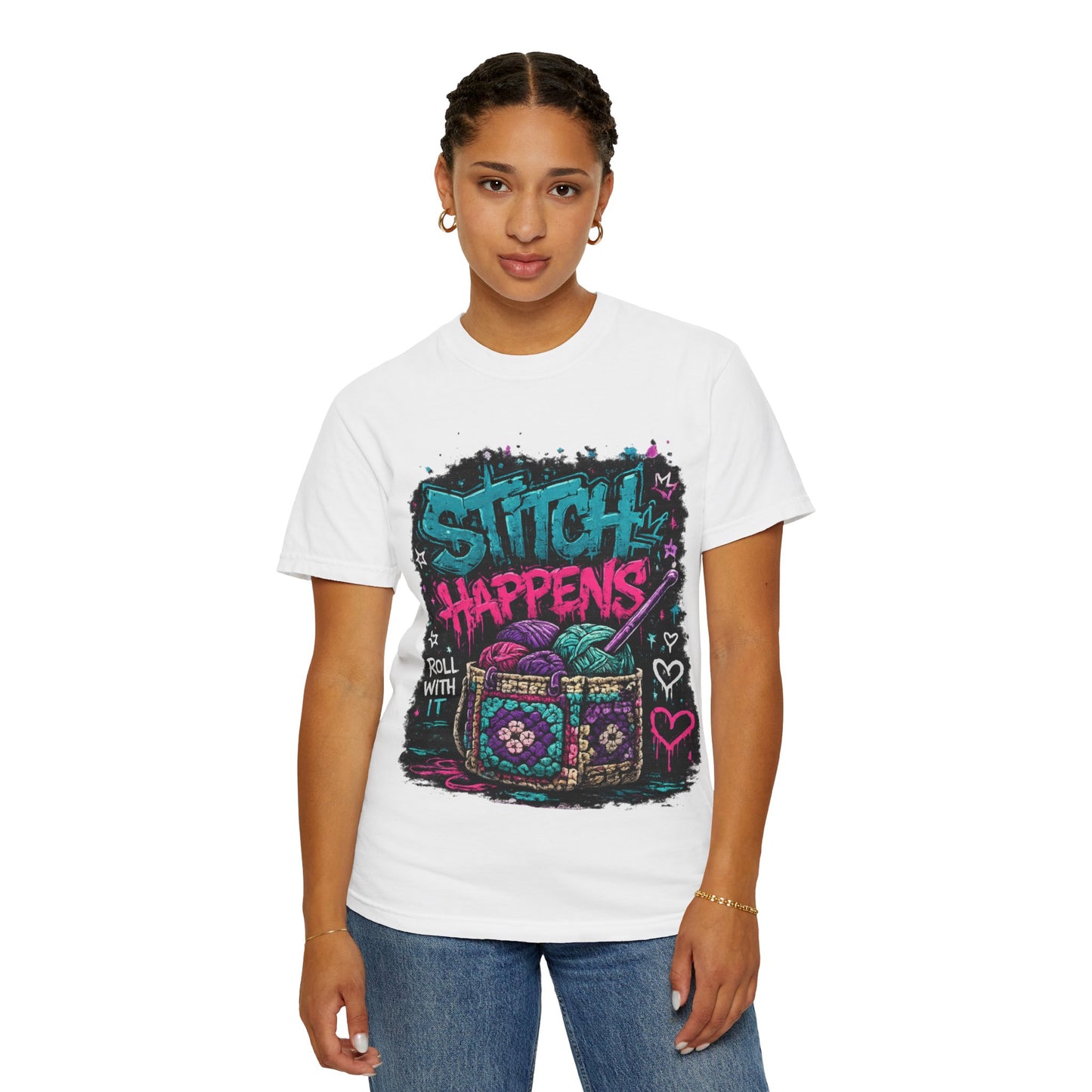 Stitch Happens T‑Shirt — Funny Knitting Crochet Tee (Roll With It)