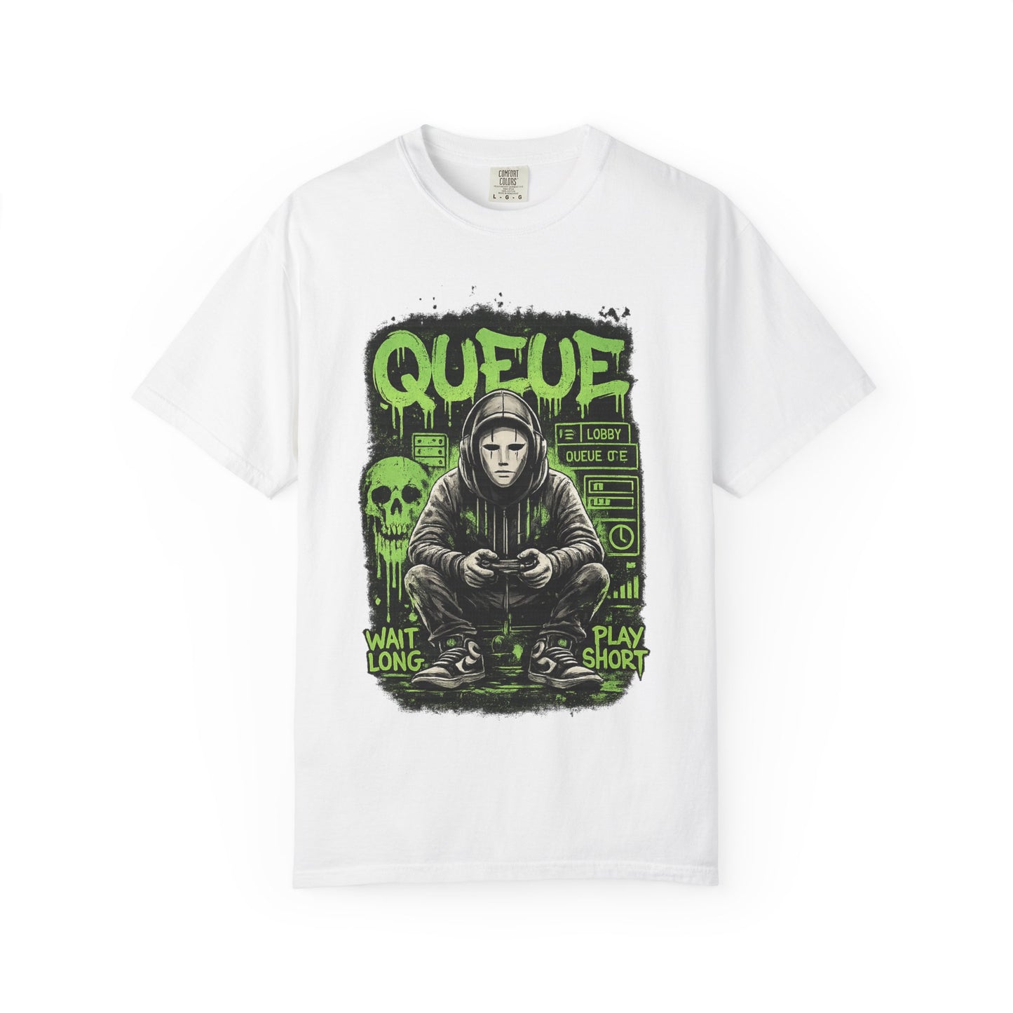 Queue Gamer Hoodie T-Shirt | Waiting Player Graphic Tee, Neon Green Skull Art