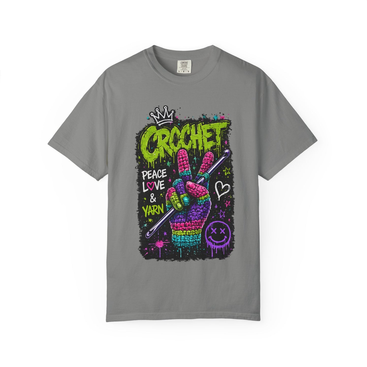 Crochet Peace Sign T-Shirt — "Crochet: Peace, Love & Yarn" Graphic Tee