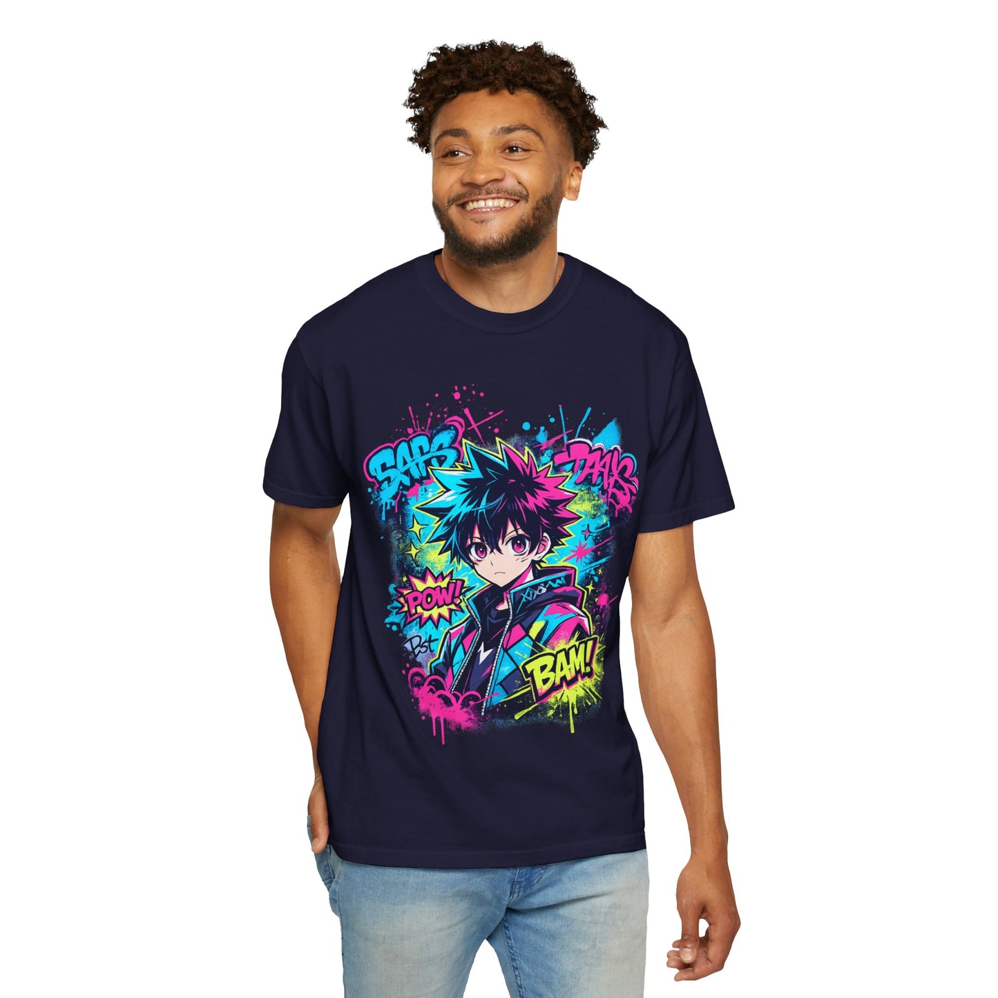 Anime Comic Boy Graphic T-Shirt — Neon Manga "BAM!" Design