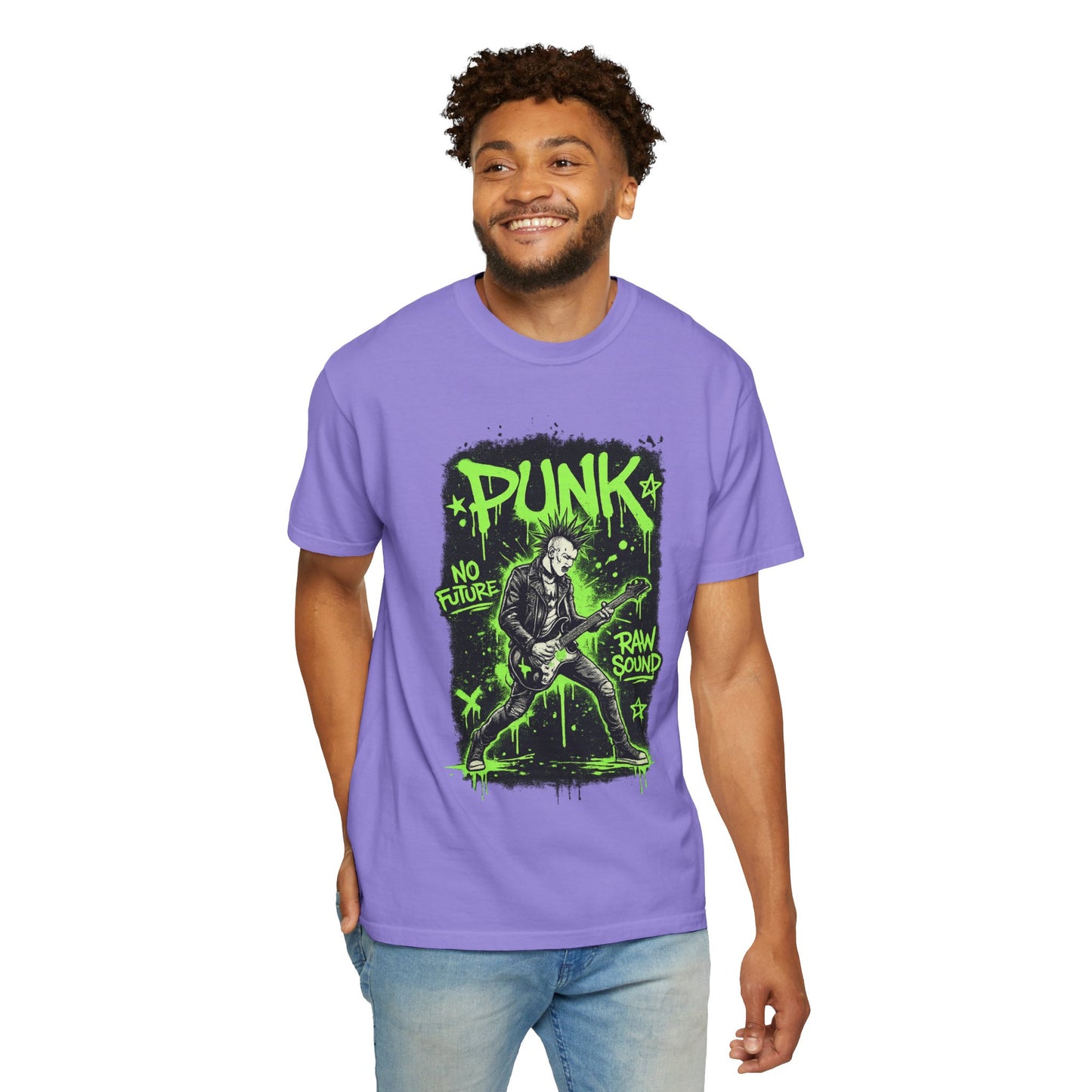Punk Guitarist Graphic T-Shirt — “PUNK: No Future, Raw Sound” Neon Green Band Tee