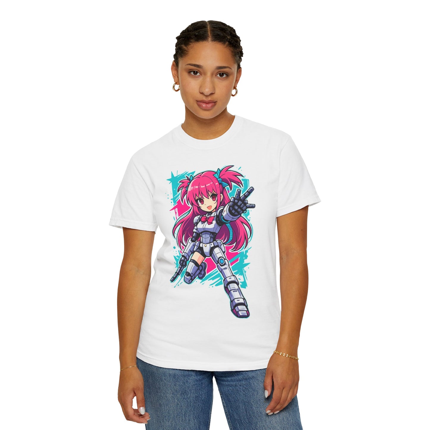 Anime Mecha Girl T-Shirt — Pink Cyberpunk Warrior Tee