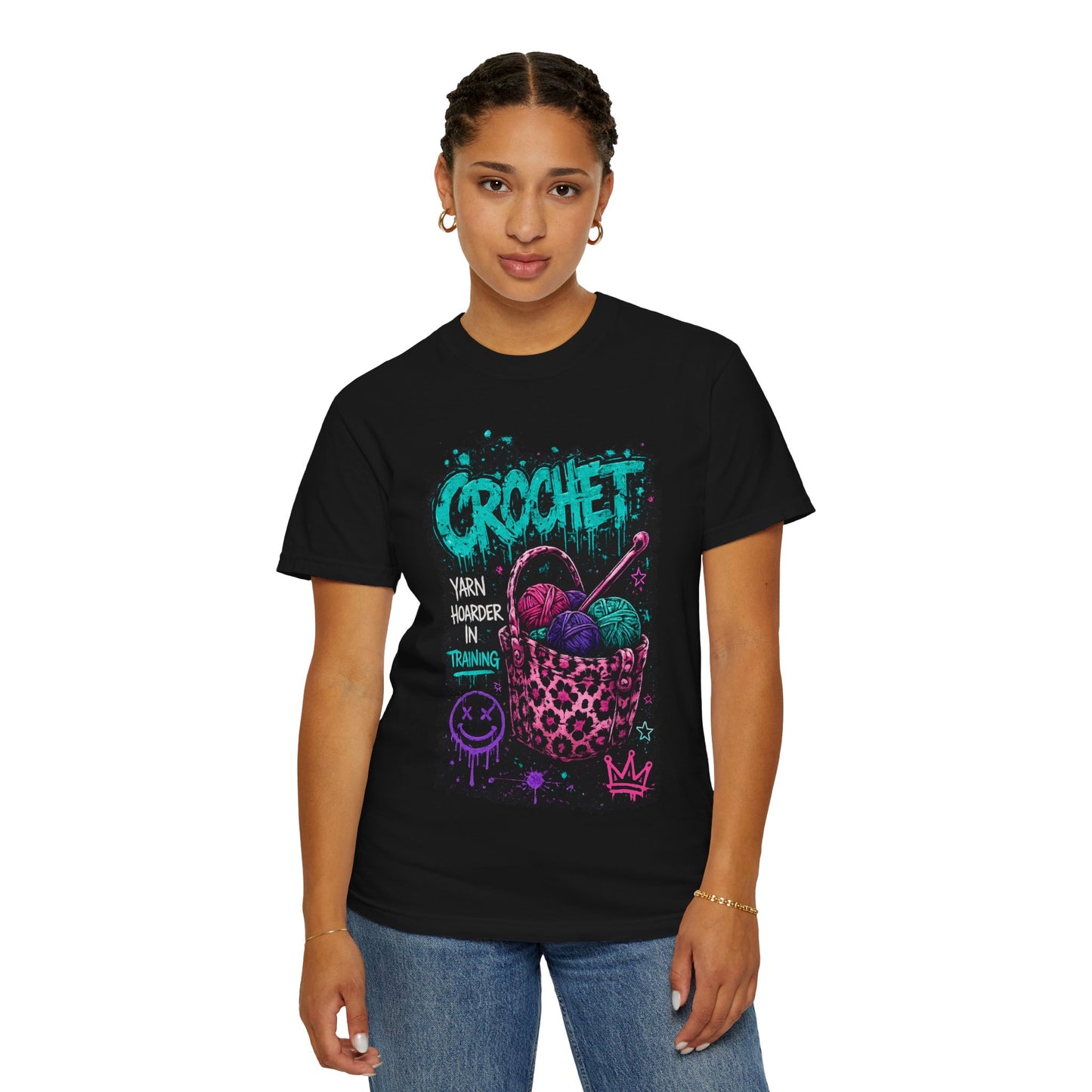 Crochet Crewneck T‑Shirt — "Yarn Harder in Training" Graphic