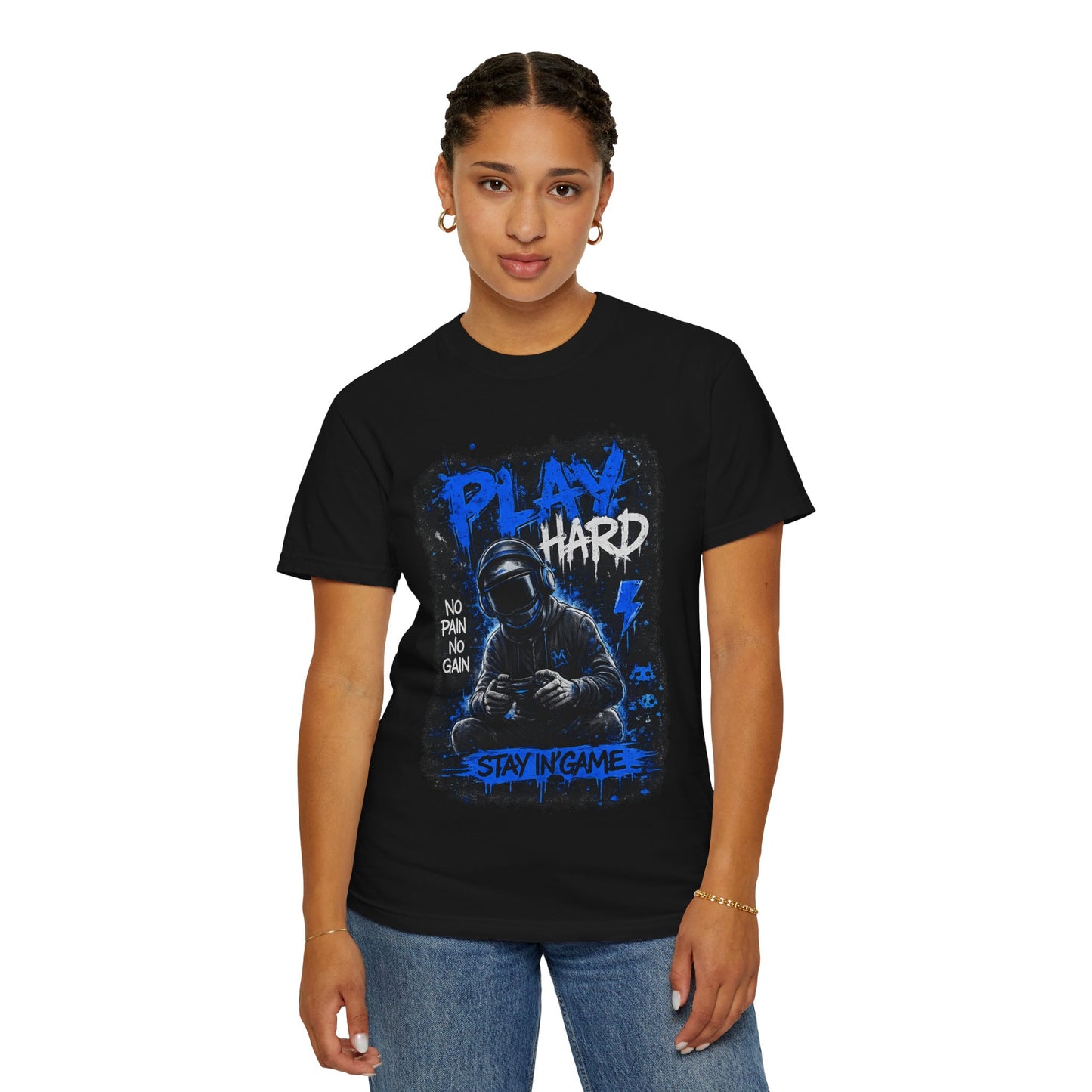 Play Hard Gamer Graphic T-Shirt — "No Pain No Gain" Hooded Player Design