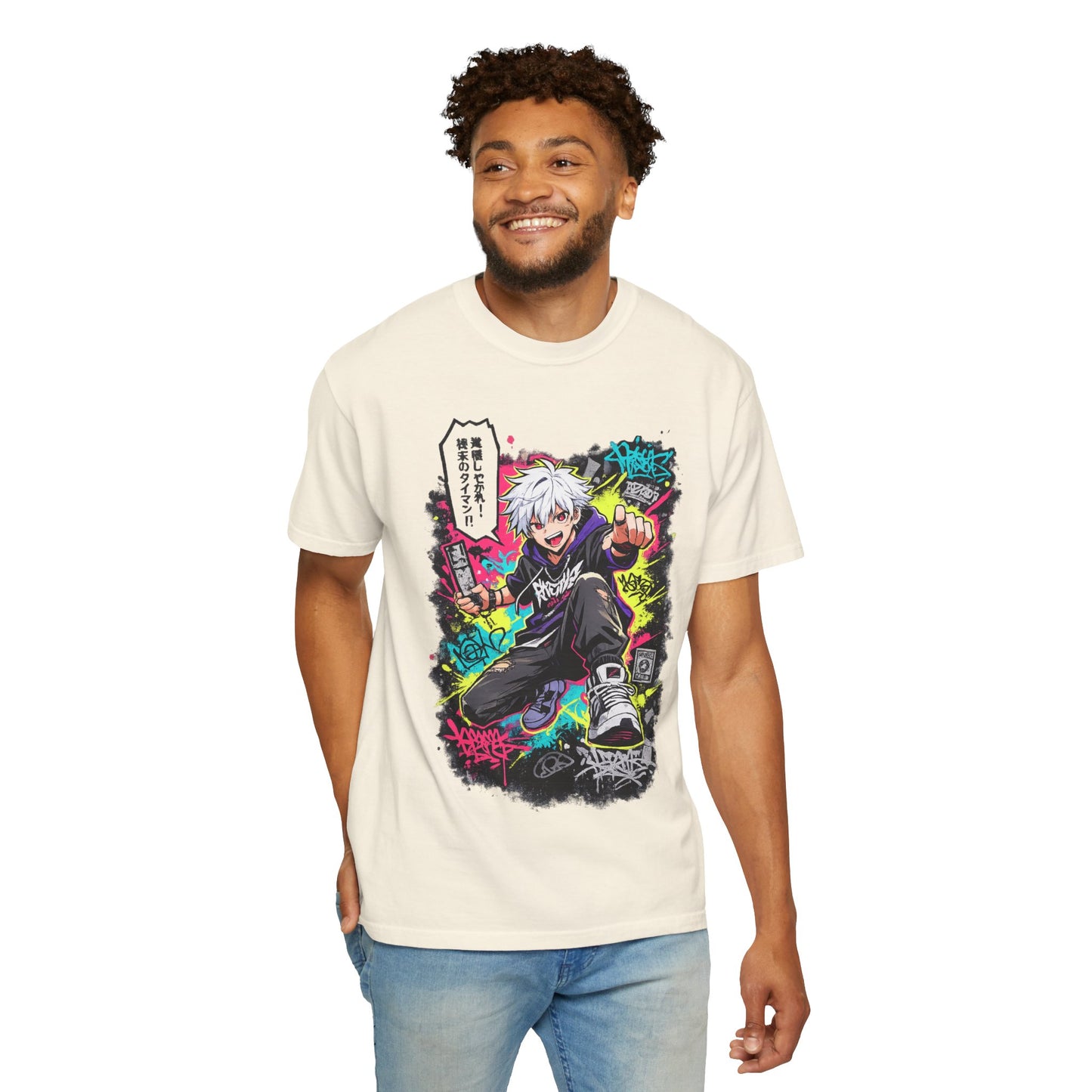 Anime Streetwear T-Shirt — Neon Urban Character Design with Japanese Text