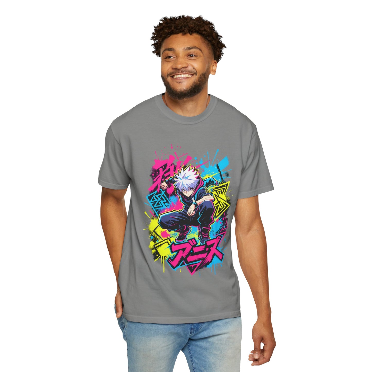 Anime Graphic T-Shirt — Vibrant Neon Jujutsu Kaisen Style Design