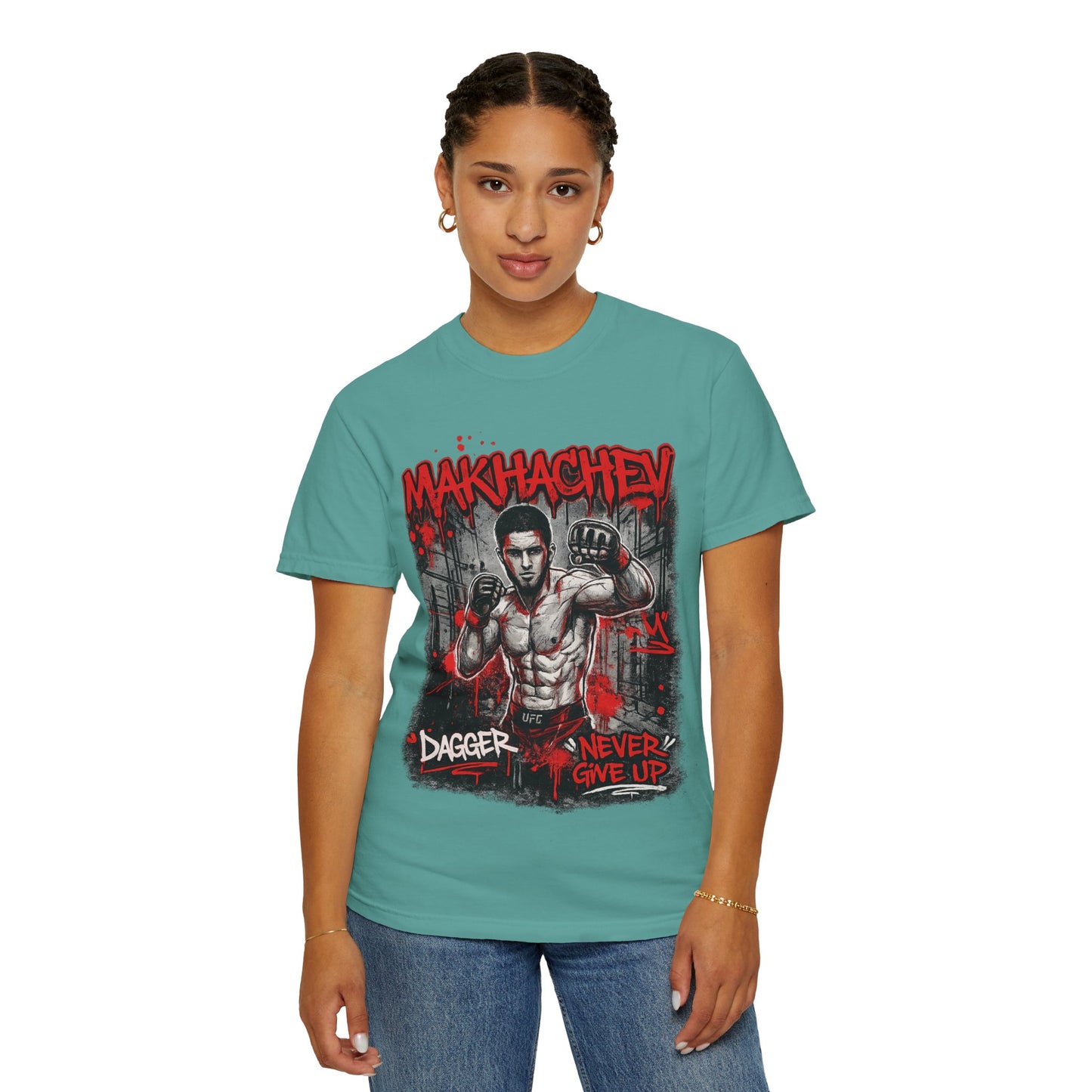Makhachev MMA Fighter T-Shirt — 'Dagger Never Give Up' Graphic Tee