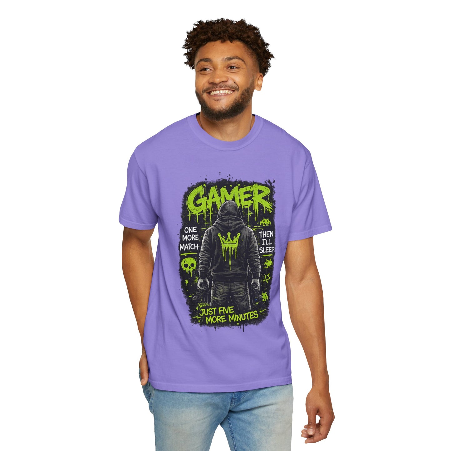 Gamer Hoodie-Style Graphic T-Shirt | Neon Green Skull, 'Just Five More Minutes'