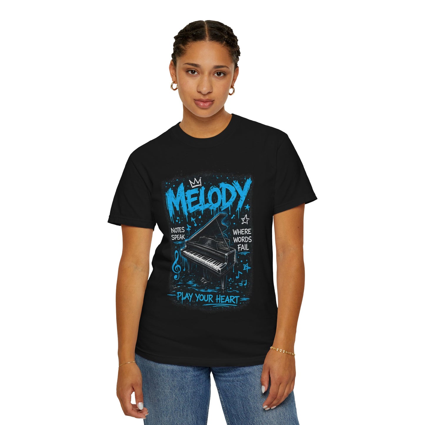 Melody Piano Graphic T-Shirt — "Play Your Heart" Music Lover Tee