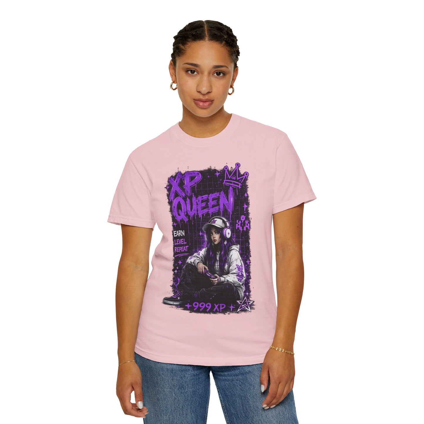 XP Queen T‑Shirt — Gamer Girl Graphic Tee (Earn Level Repeat +999 XP)