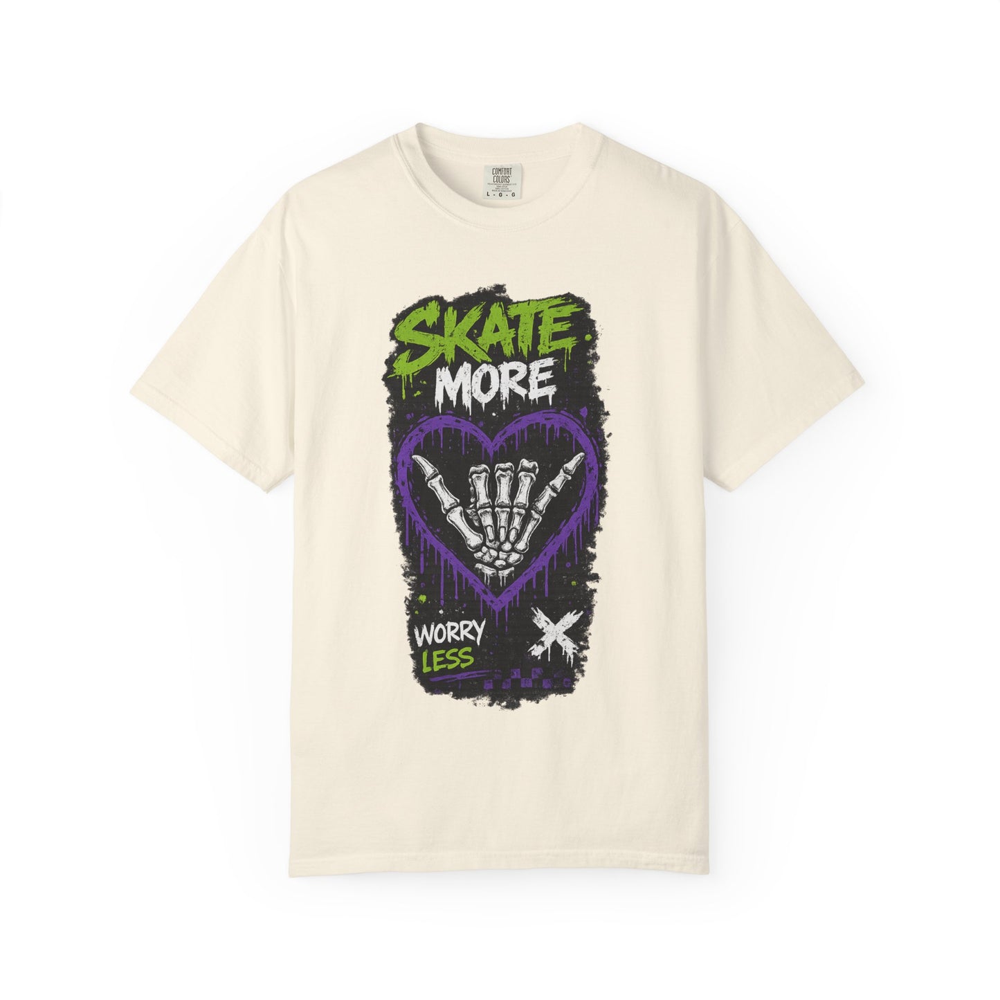 Skate More Worry Less T-Shirt — Skateboard Skeleton Hand Graphic Tee