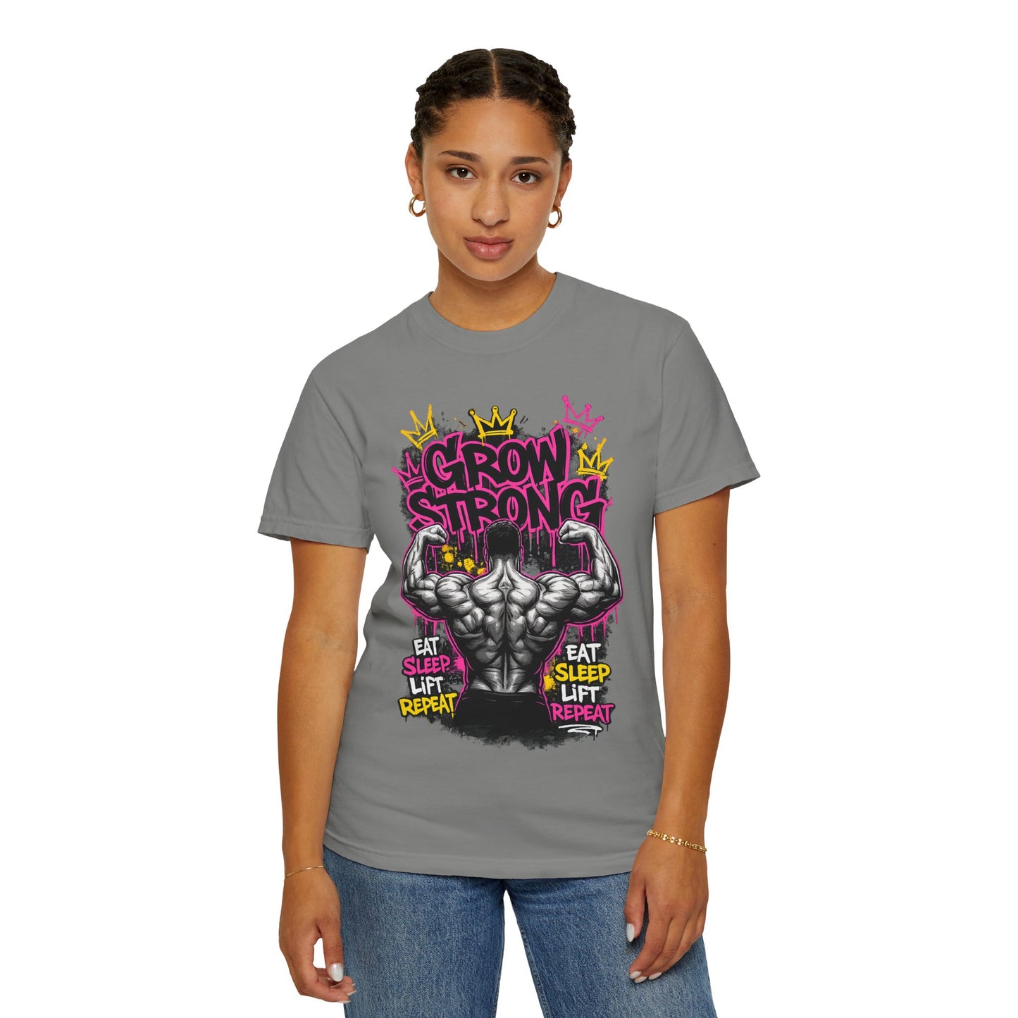Grow Strong muscular back illustration T-shirt | Eat Sleep Lift Repeat gym tee