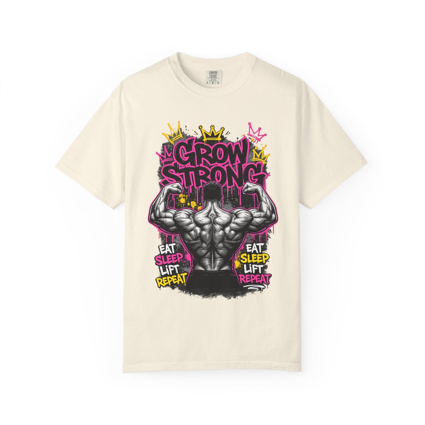 Grow Strong muscular back illustration T-shirt | Eat Sleep Lift Repeat gym tee