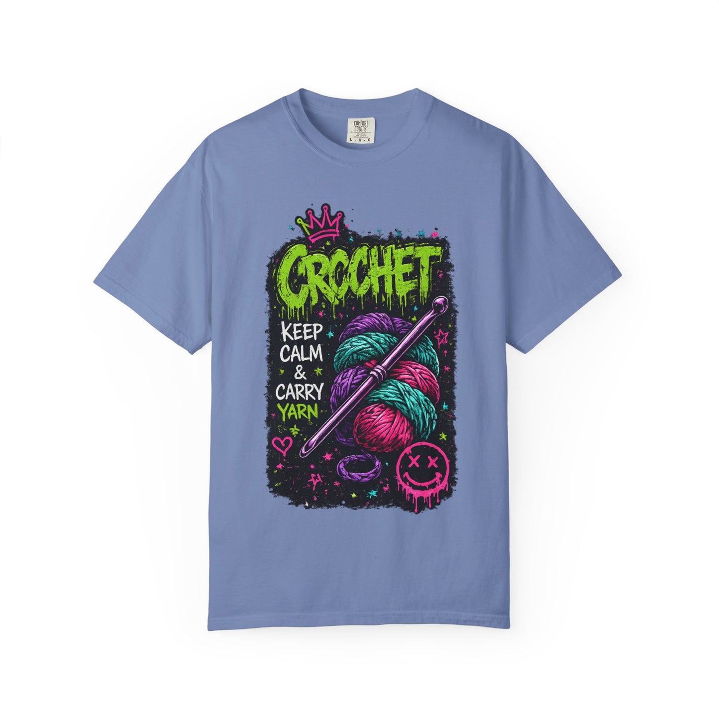 Crochet Keep Calm T-Shirt — Neon Yarn Graphic Tee for Crafters