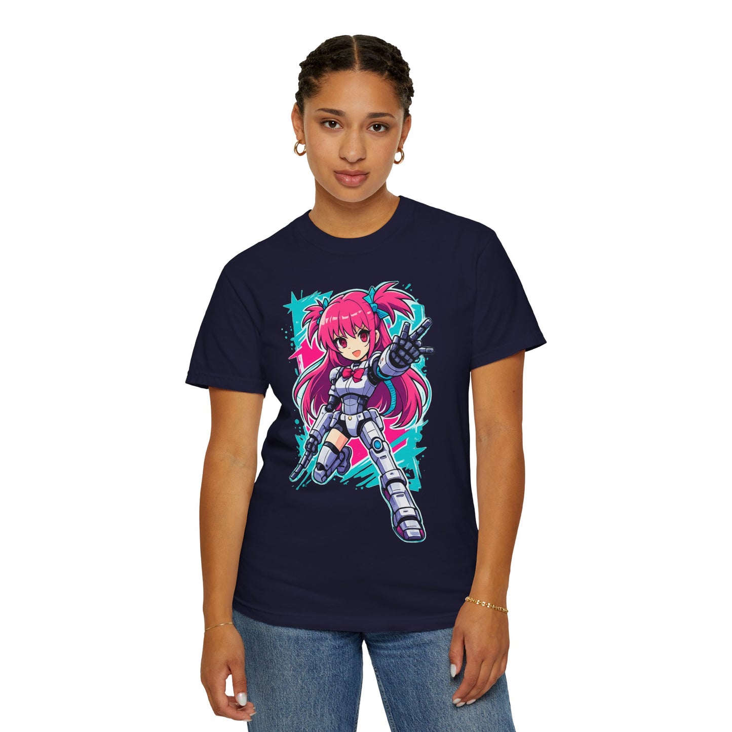 Anime Mecha Girl T-Shirt — Pink Cyberpunk Warrior Tee