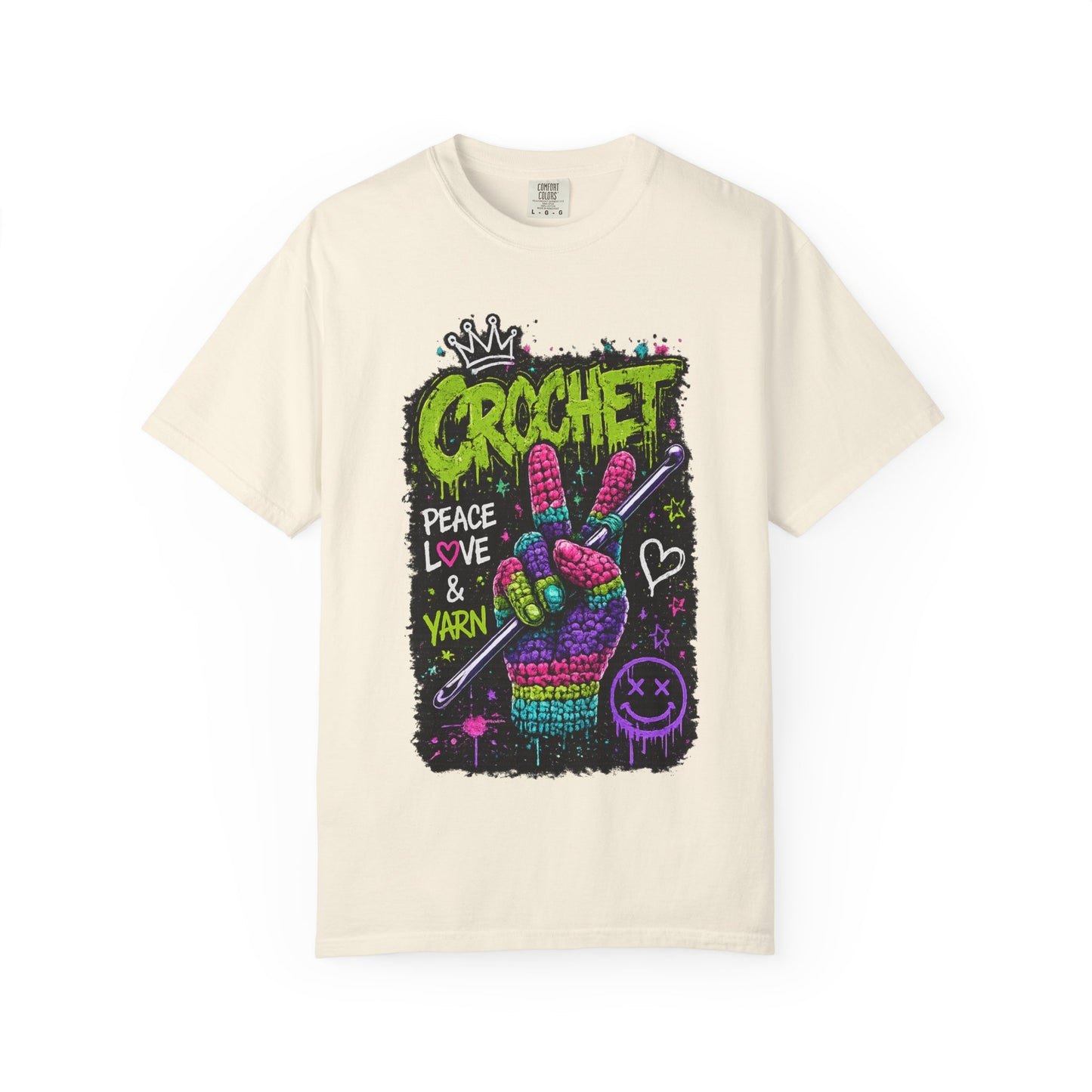 Crochet Peace Sign T-Shirt — "Crochet: Peace, Love & Yarn" Graphic Tee
