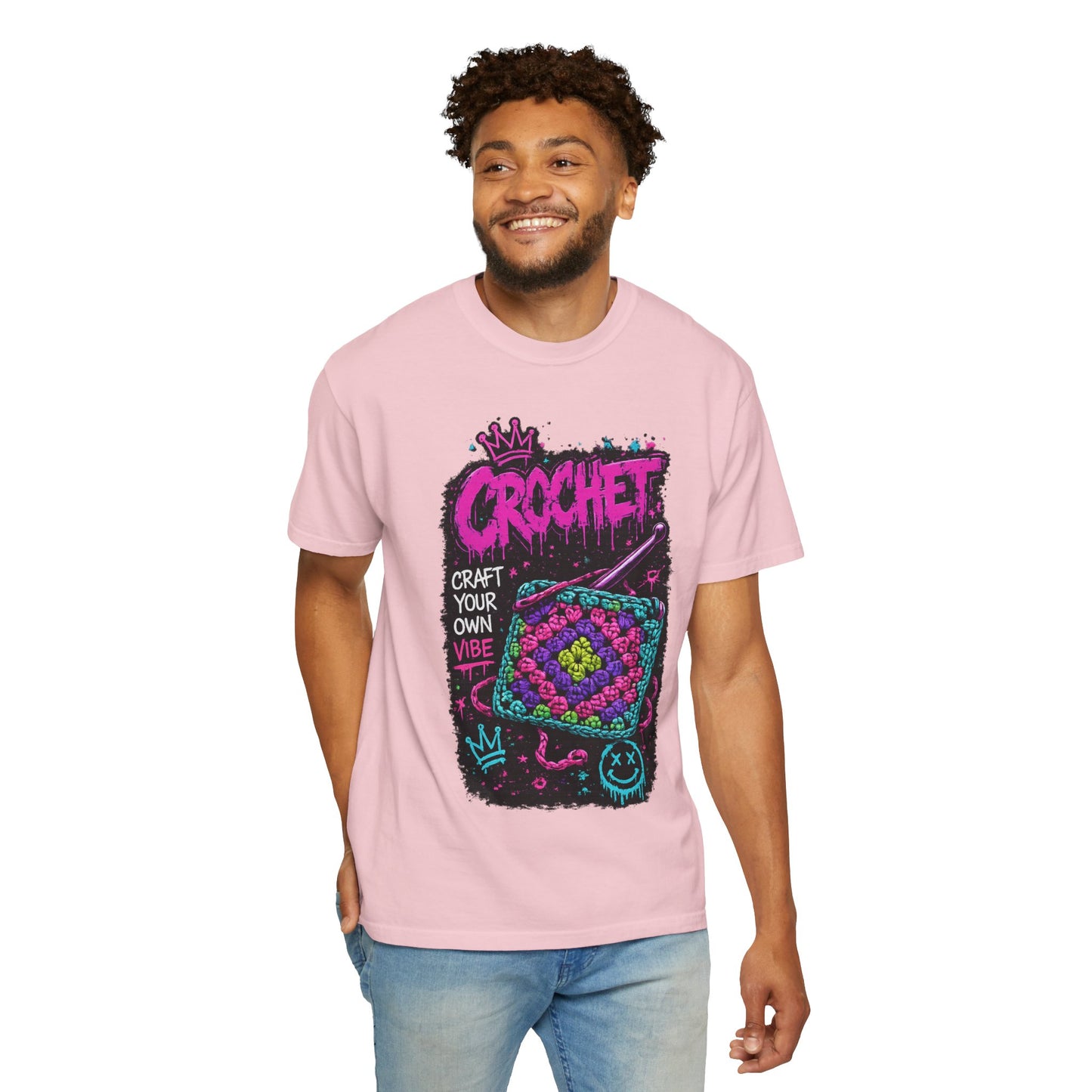 Crochet Vibes Graphic T-Shirt — "Craft Your Own Vibe" Retro Neon Crochet Design