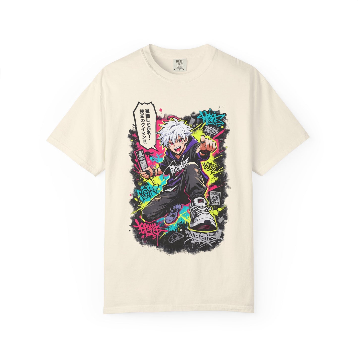 Anime Streetwear T-Shirt — Neon Urban Character Design with Japanese Text